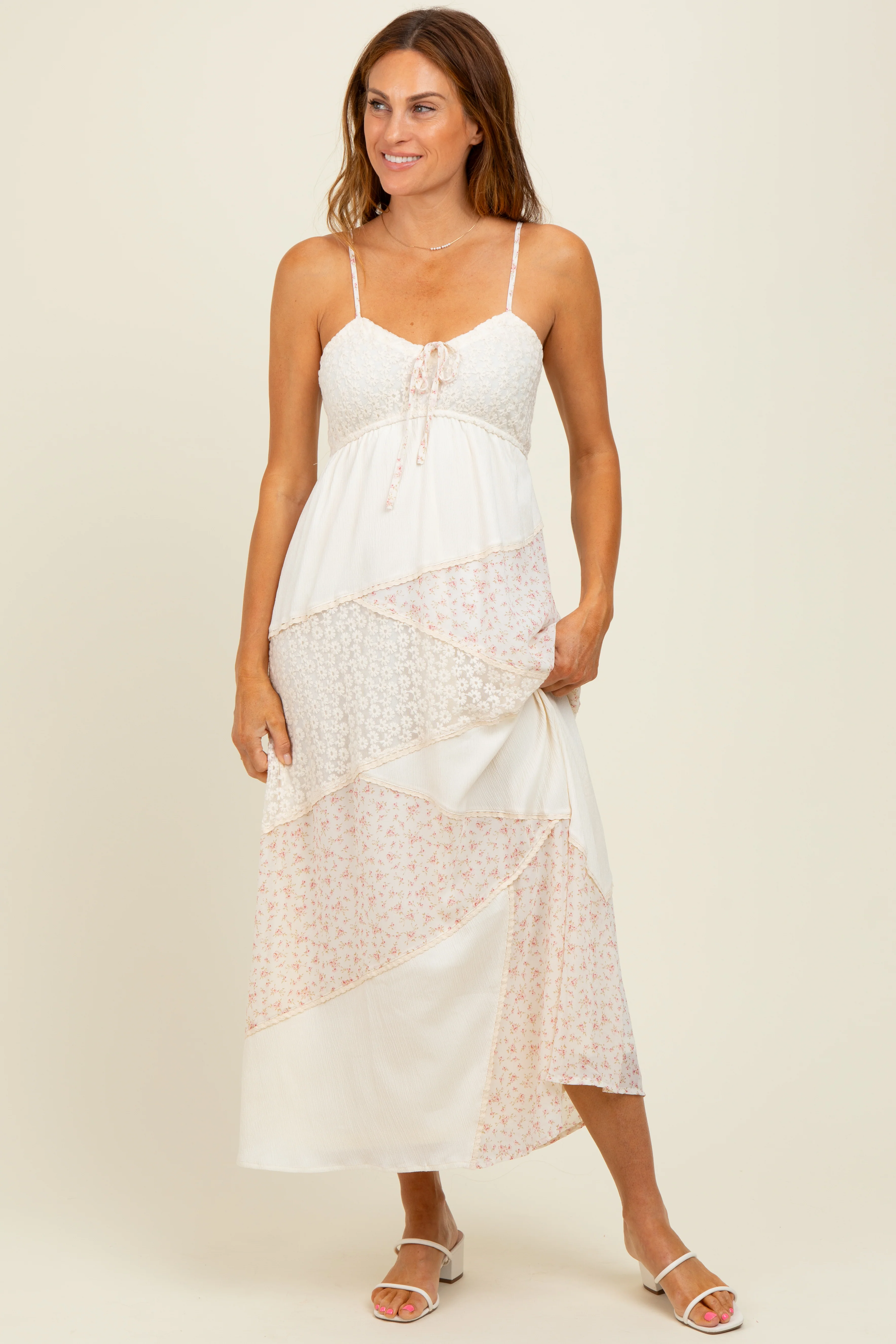 Cream Floral Sweetheart Neck Maternity Midi Dress - Image 4