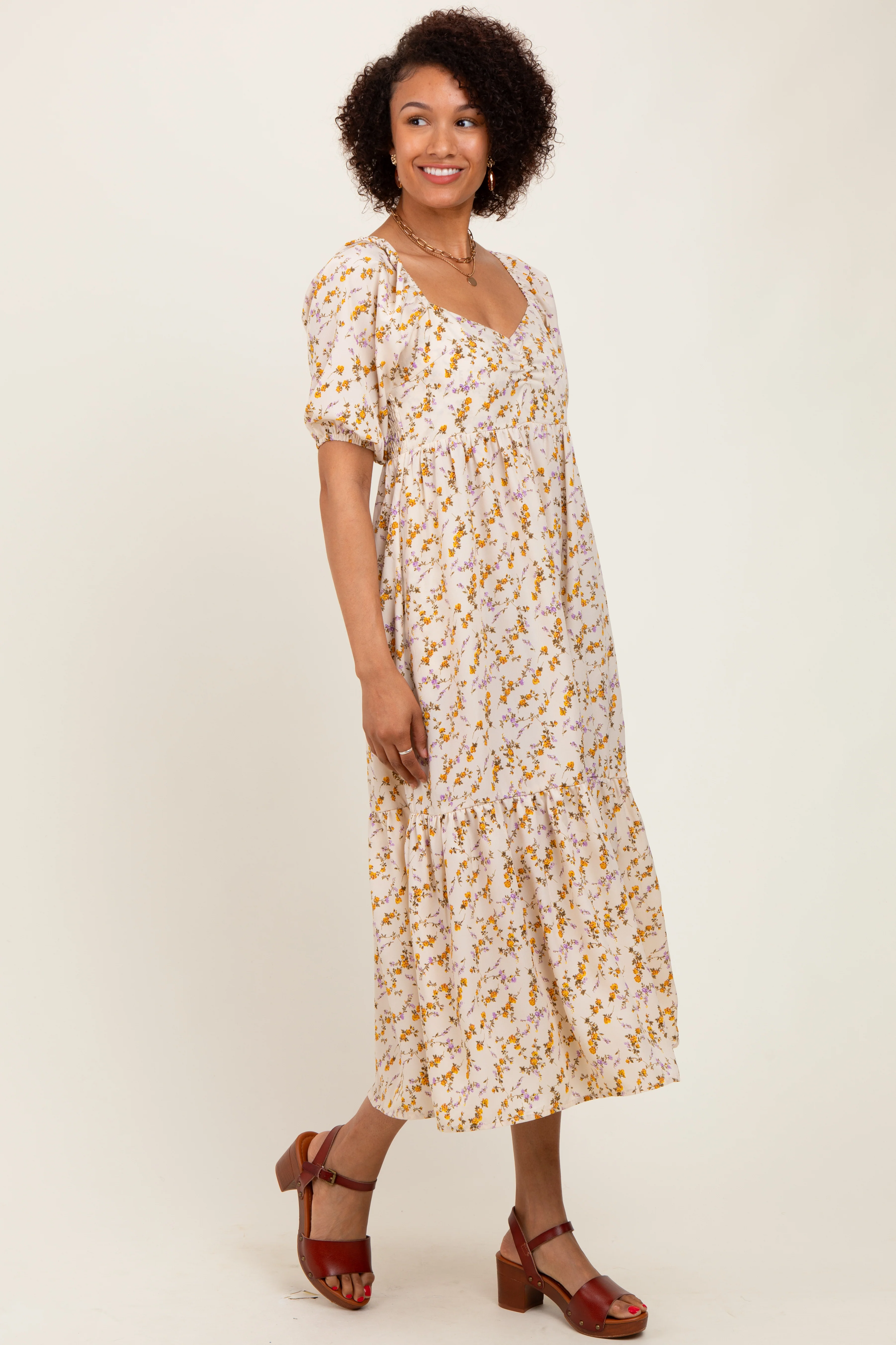 Cream Floral Sweetheart Puff Sleeve Midi Dress - Image 3