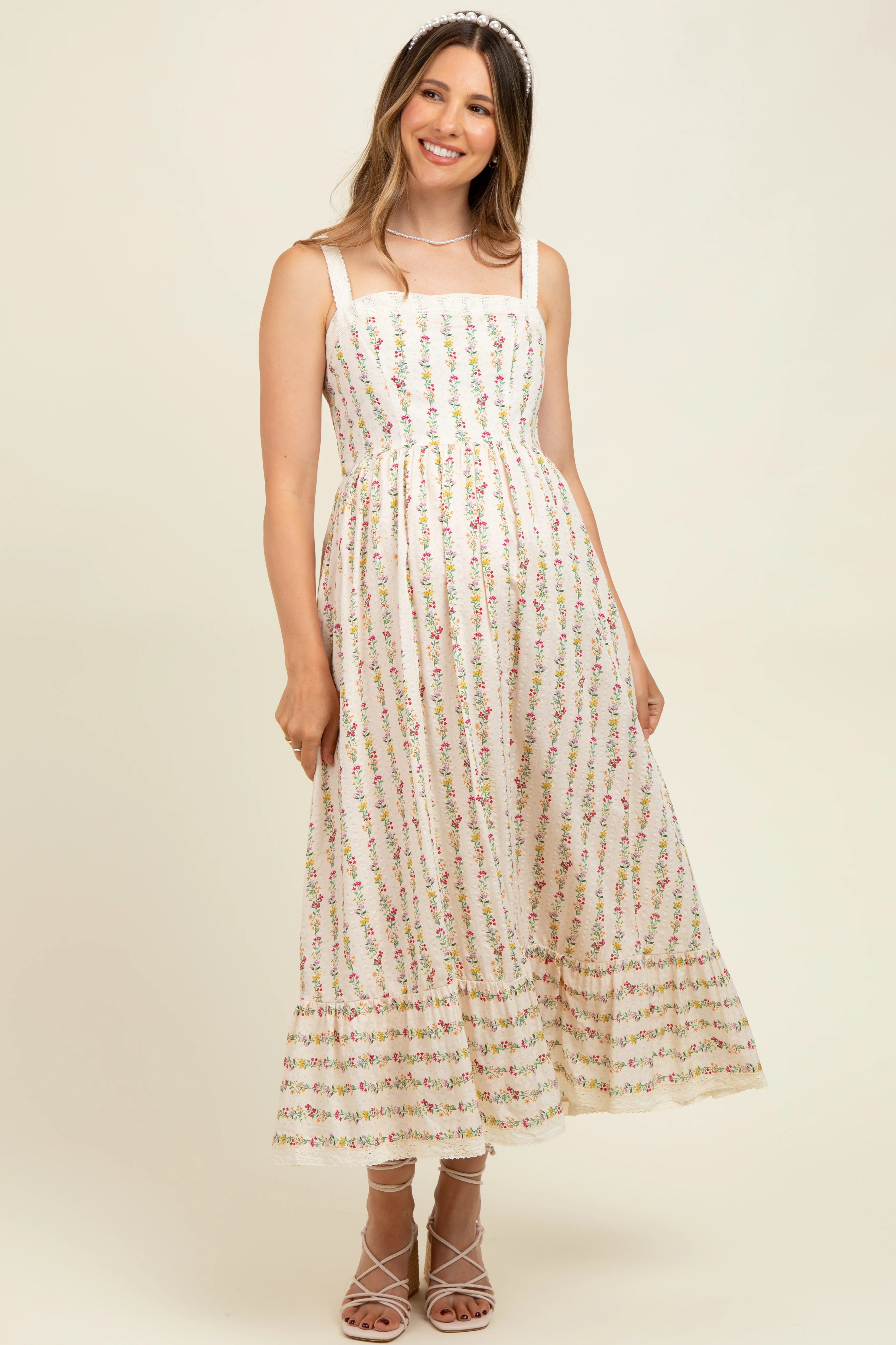 Cream Floral Textured Cotton Lace Trim Maternity Maxi Dress - Image 2