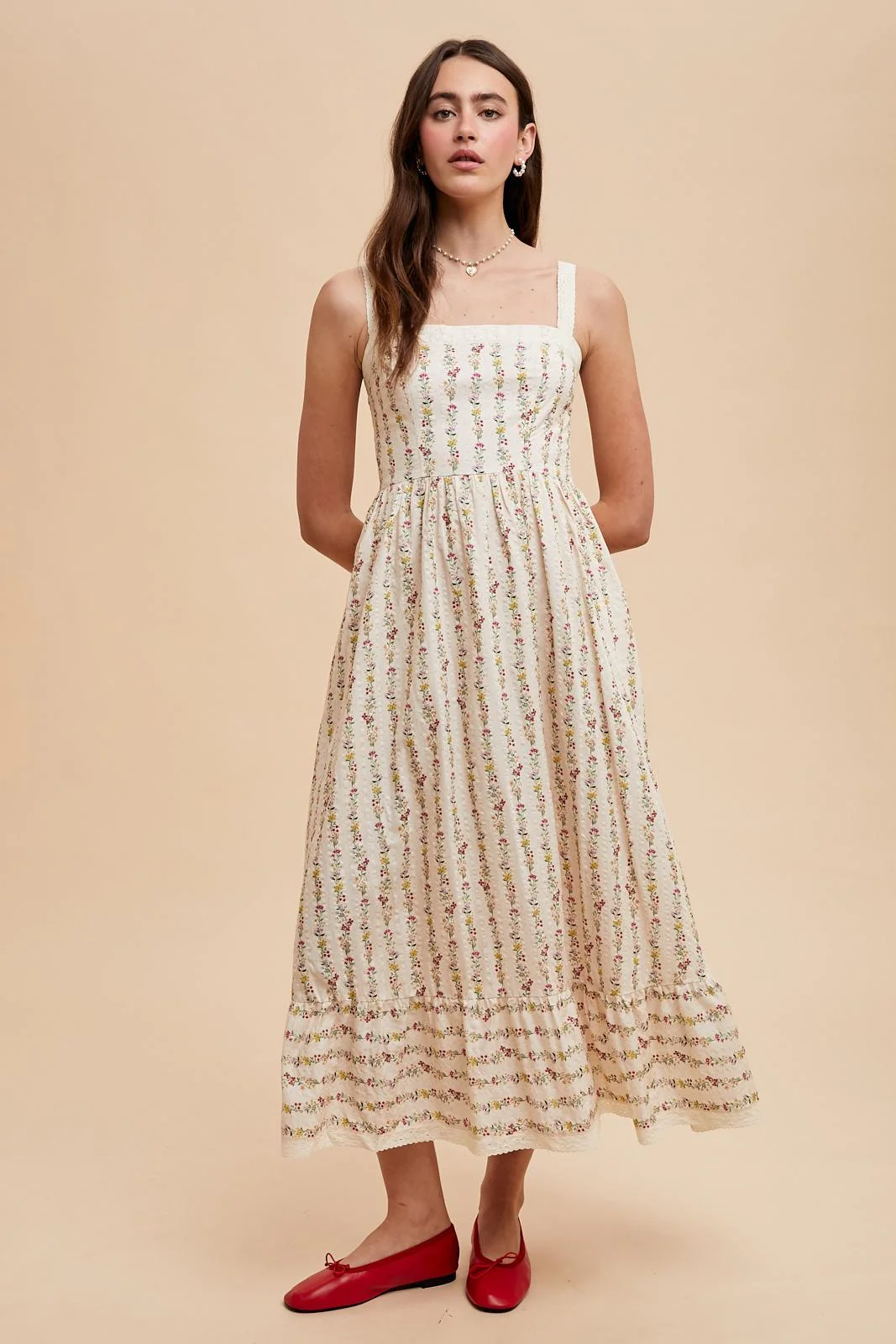 Cream Floral Textured Cotton Lace Trim Maternity Maxi Dress - Image 5