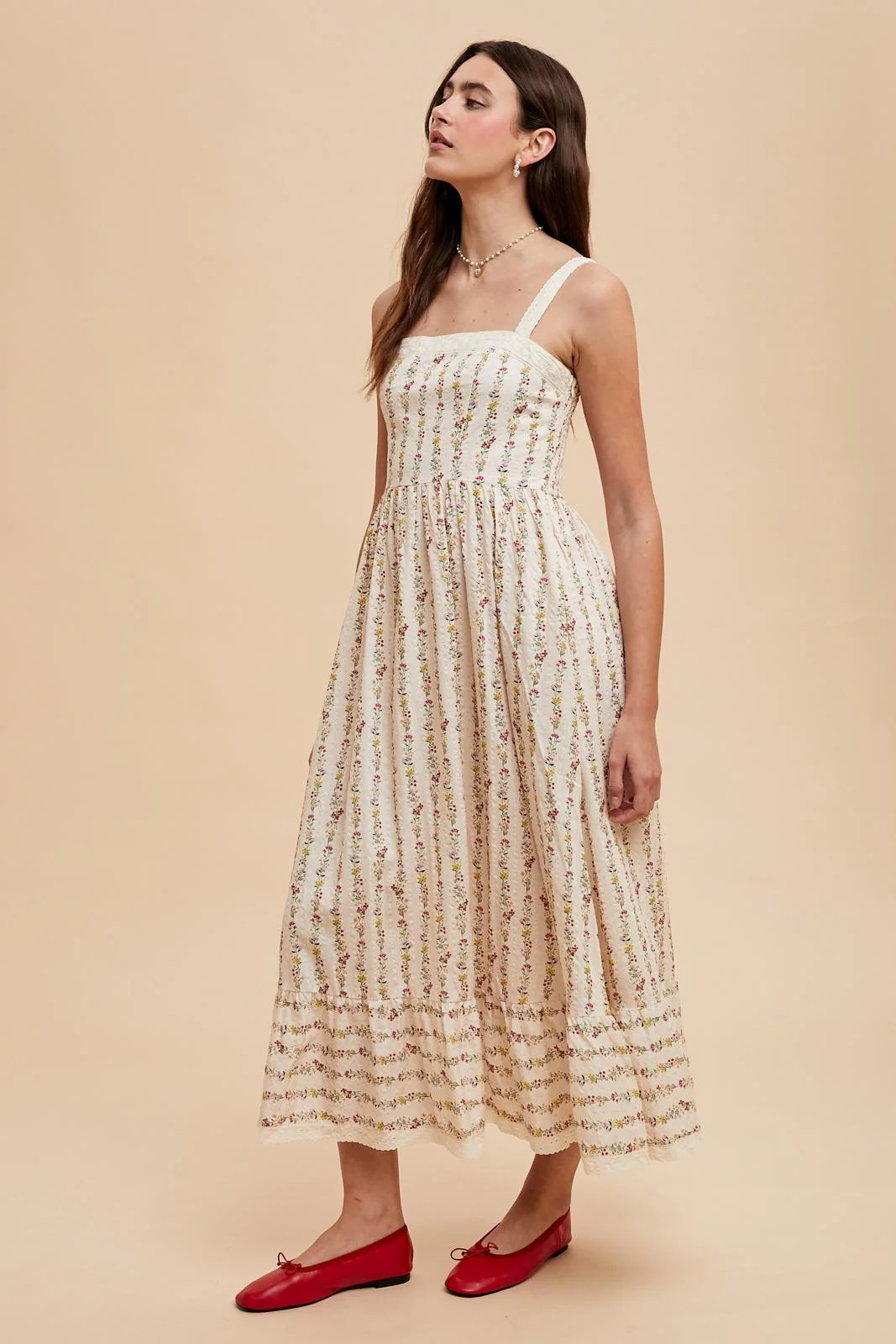 Cream Floral Textured Cotton Lace Trim Maxi Dress - Image 3