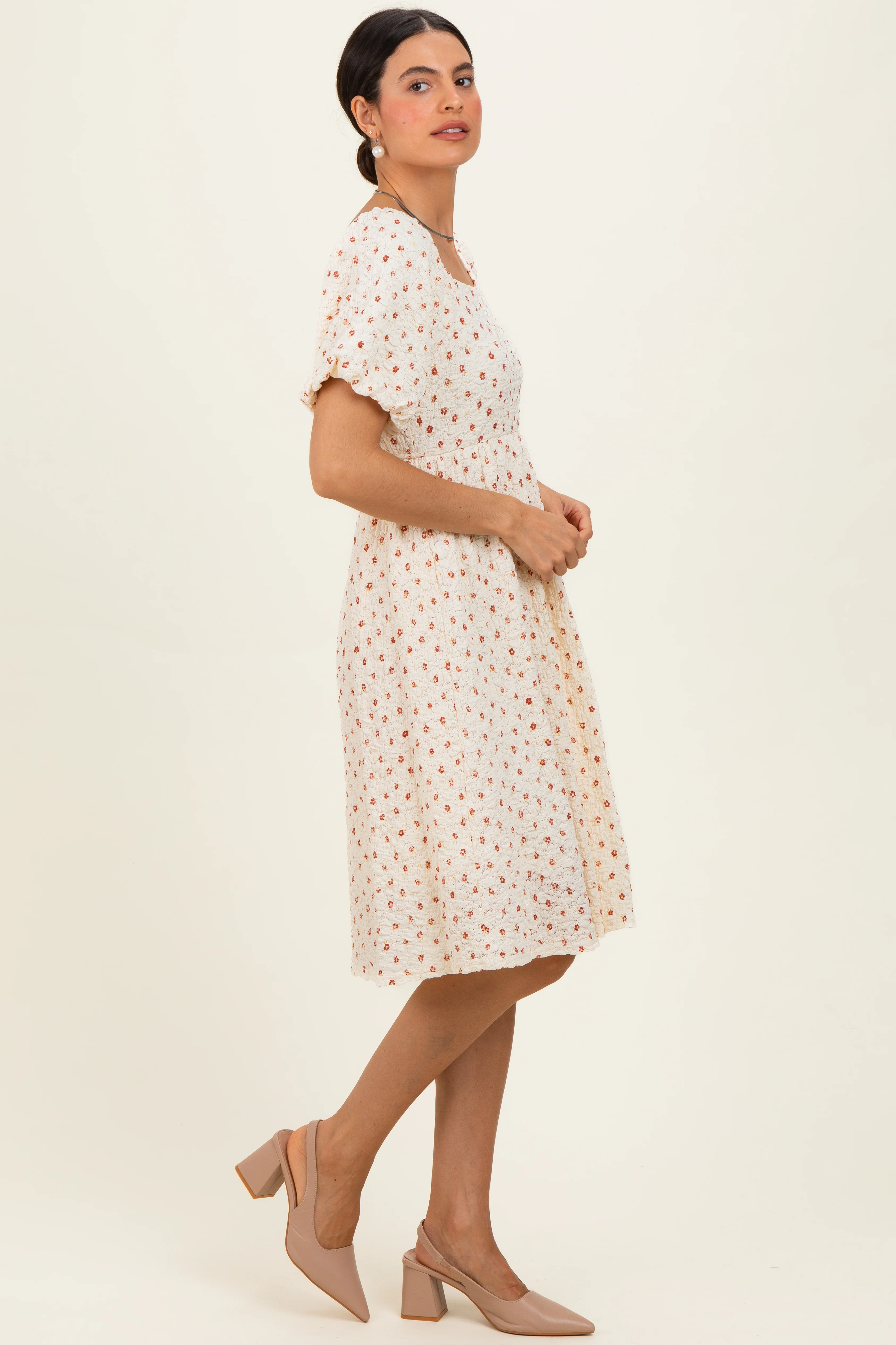 Cream Floral Textured Knit Midi Dress - Image 2