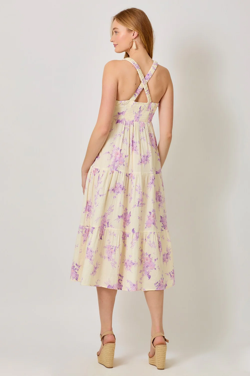 Cream Floral Tiered Crisscross Back Midi Dress - Image 3
