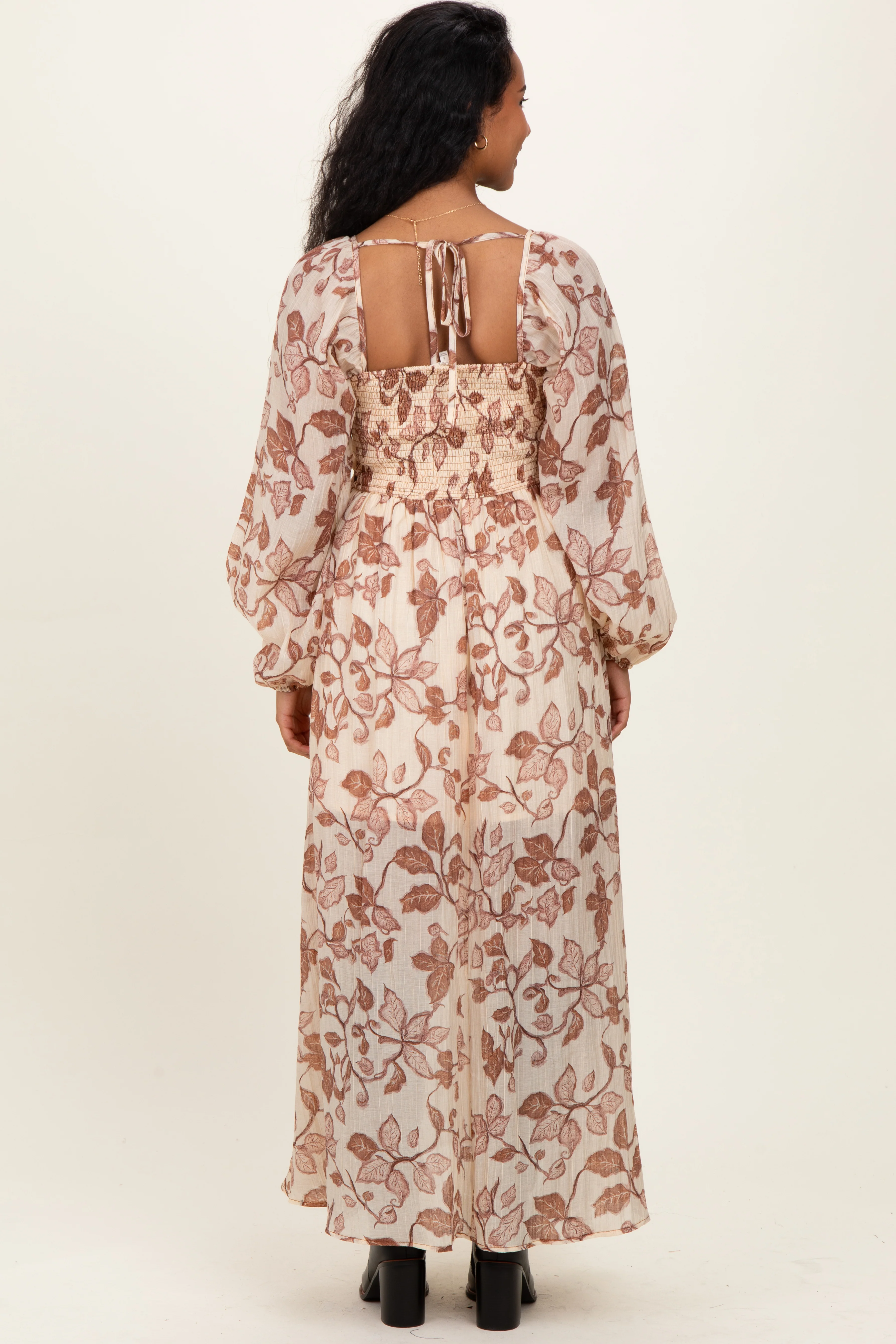 Cream Floral V-Neck Velvet Trim Maternity Maxi Dress - Image 4