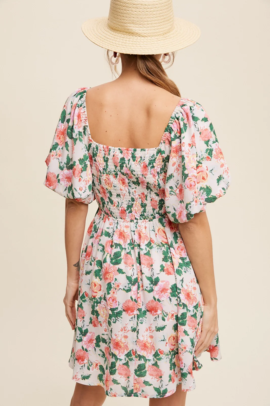 Cream Flower Print Square Neck Cinched Dress - Image 3