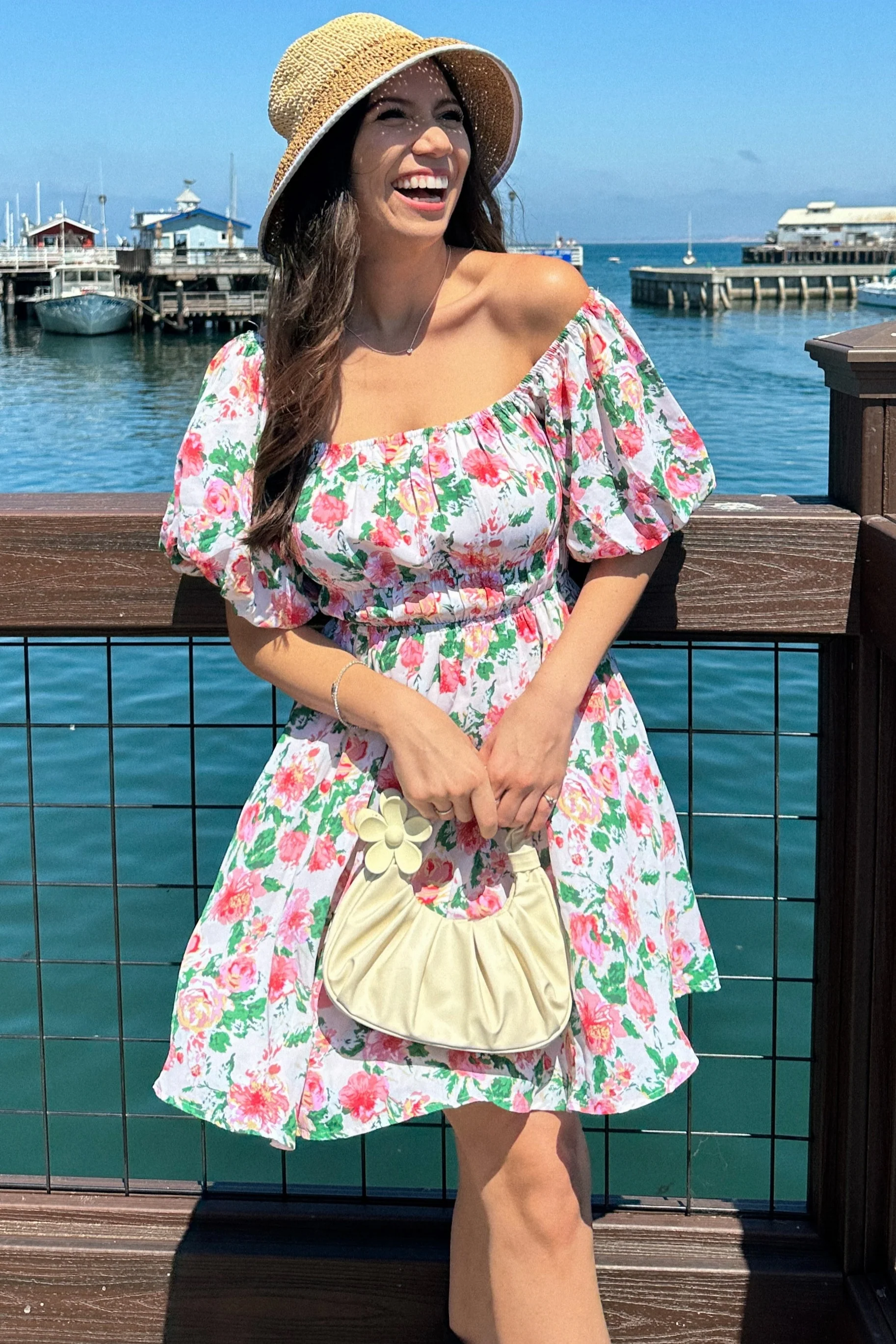 Cream Flower Print Square Neck Cinched Dress - Image 5