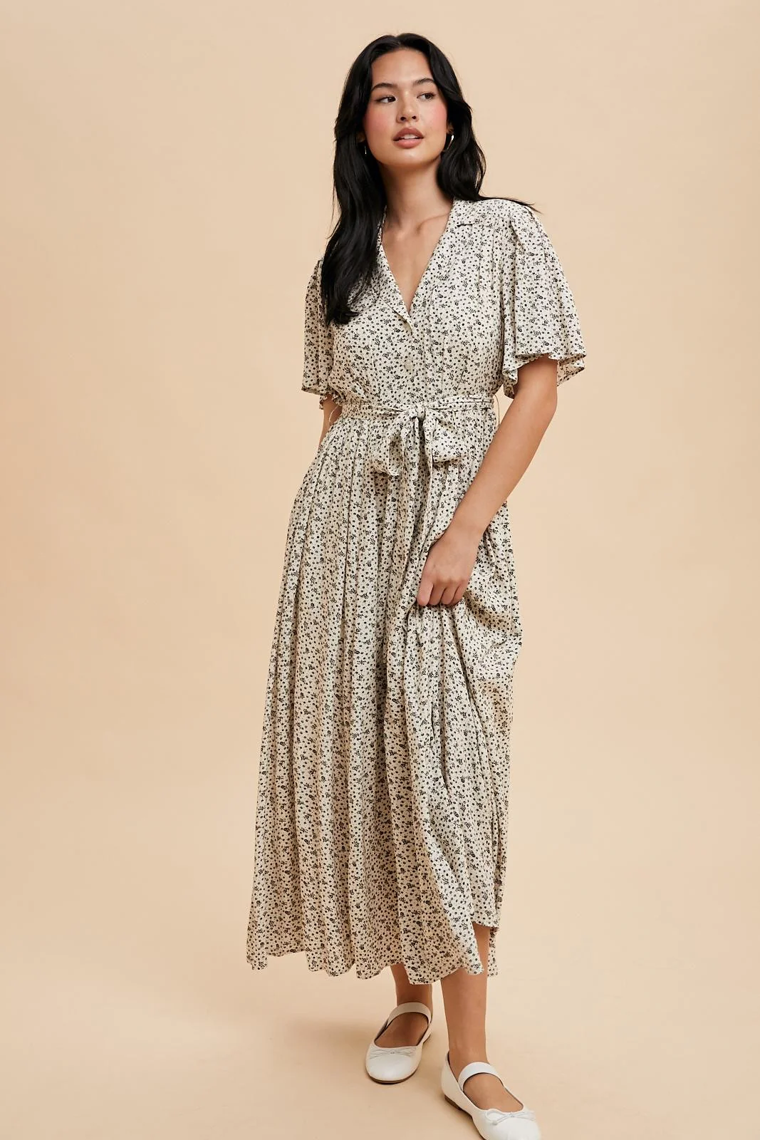 Cream Flutter Sleeve Button Down Maxi Dress - Image 2