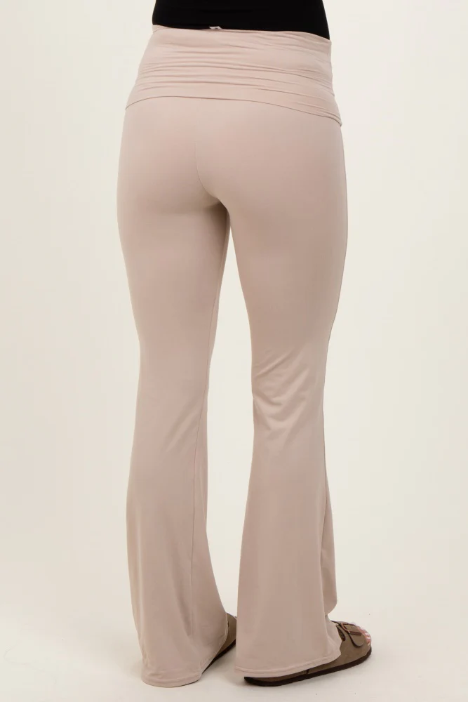 Cream Fold Over Waistband Maternity Flared Pants - Image 5