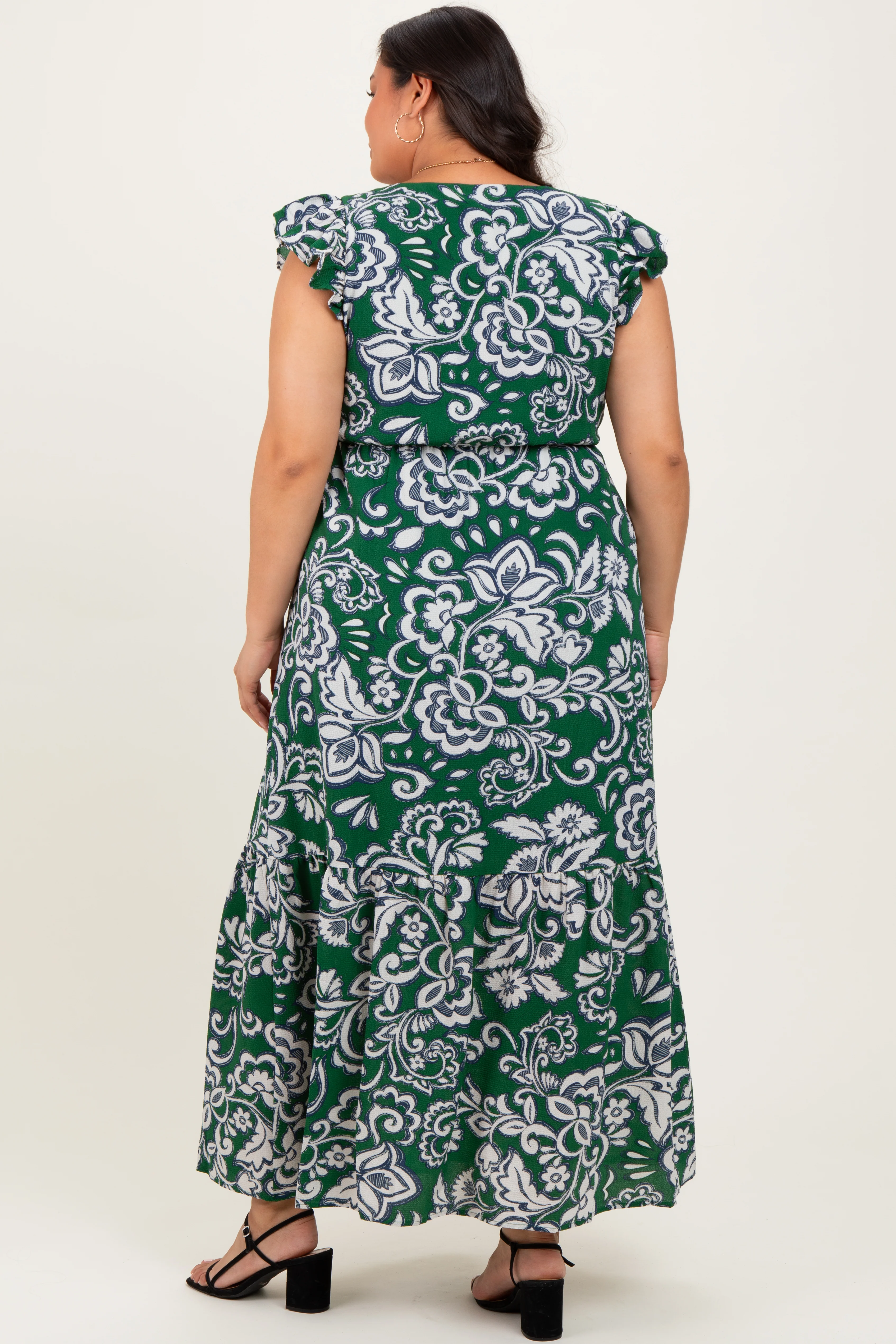 Cream-Green Floral Button Down Plus Maxi Dress - Image 3