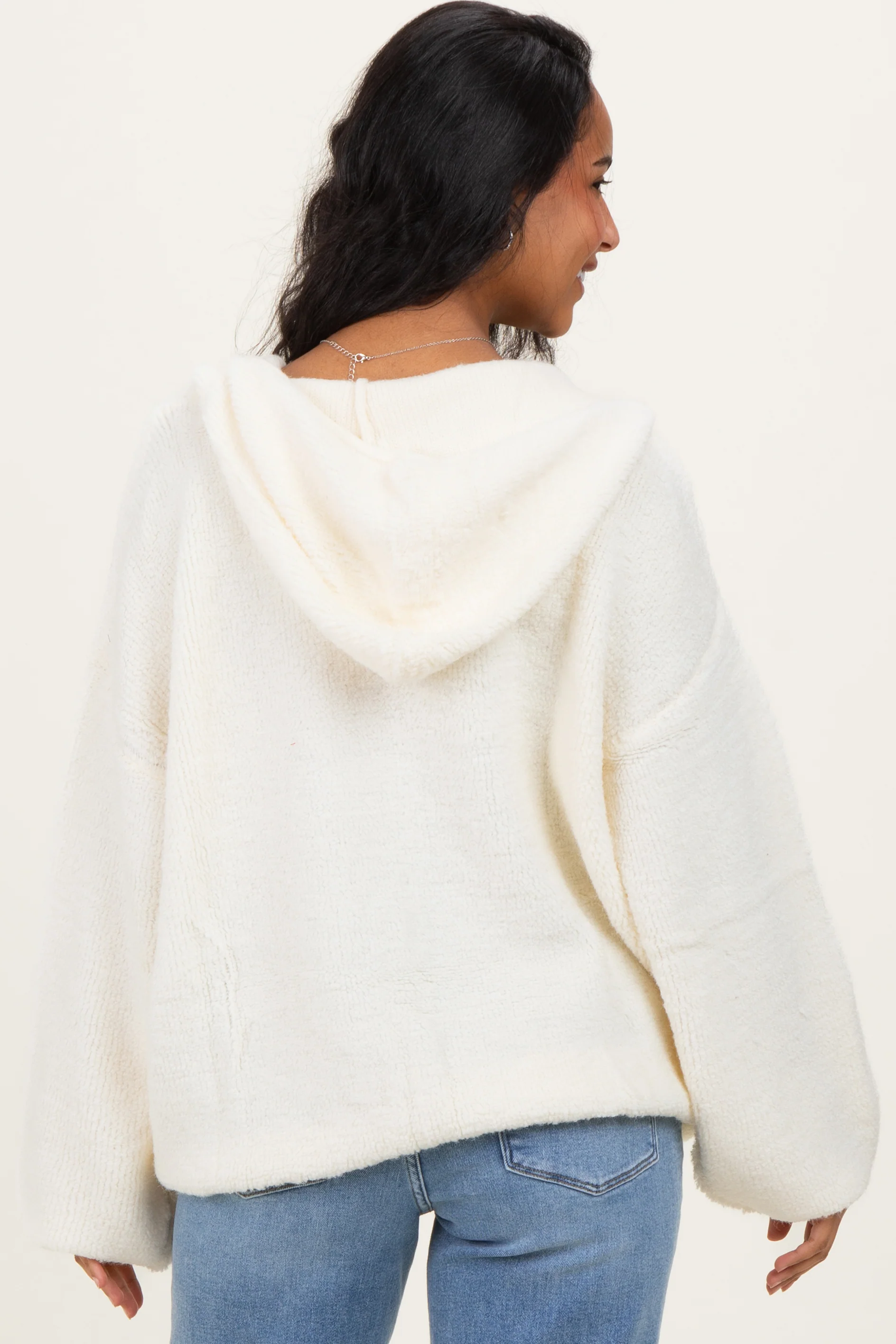 Cream Half Zip Hoodie Maternity Sweater - Image 3