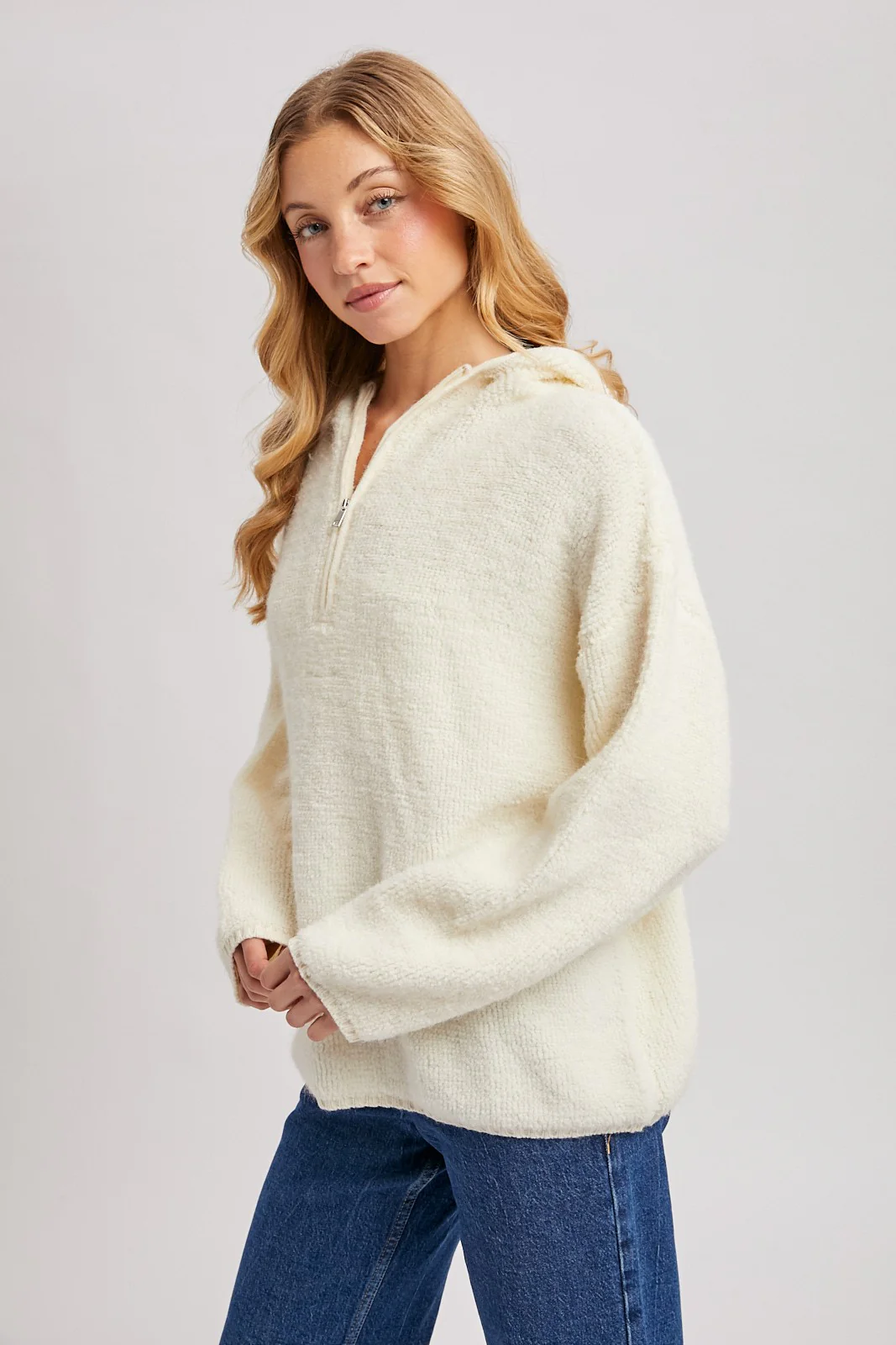 Cream Half Zip Hoodie Sweater - Image 3