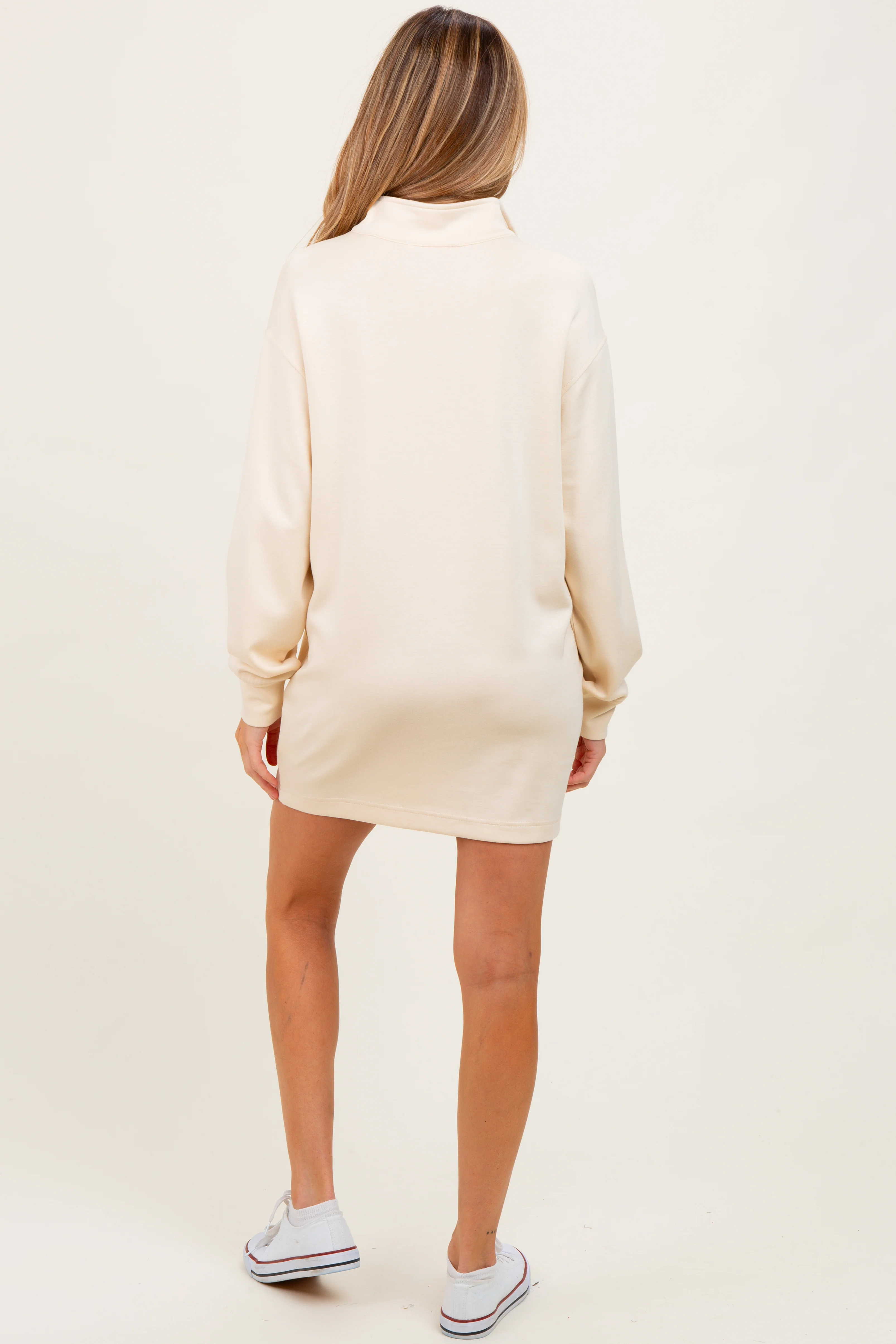 Cream Half Zip Long Sleeve Maternity Mini Dress - Image 4