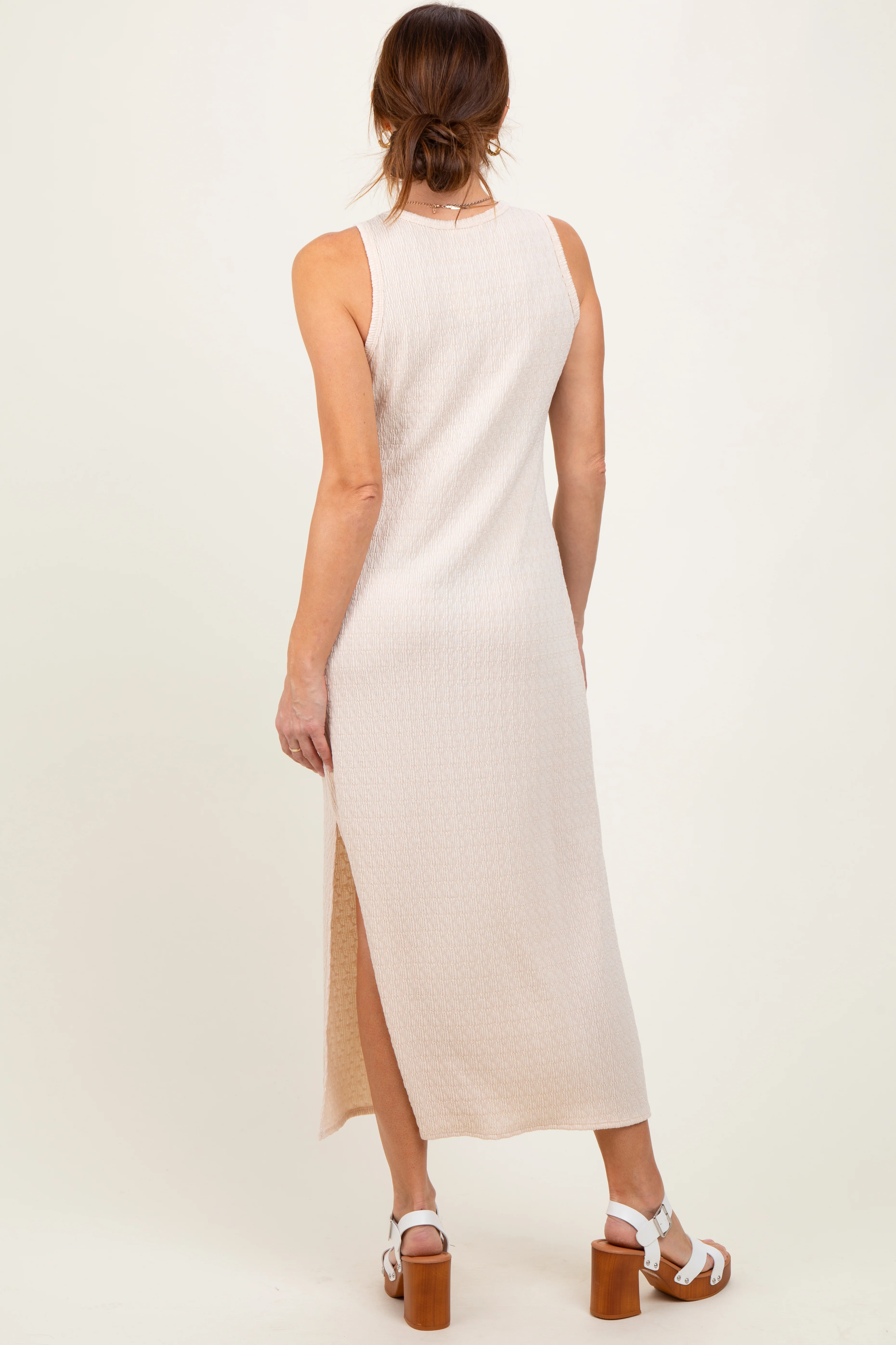 Cream Jacquard Sleeveless Side Slit Midi Dress - Image 4