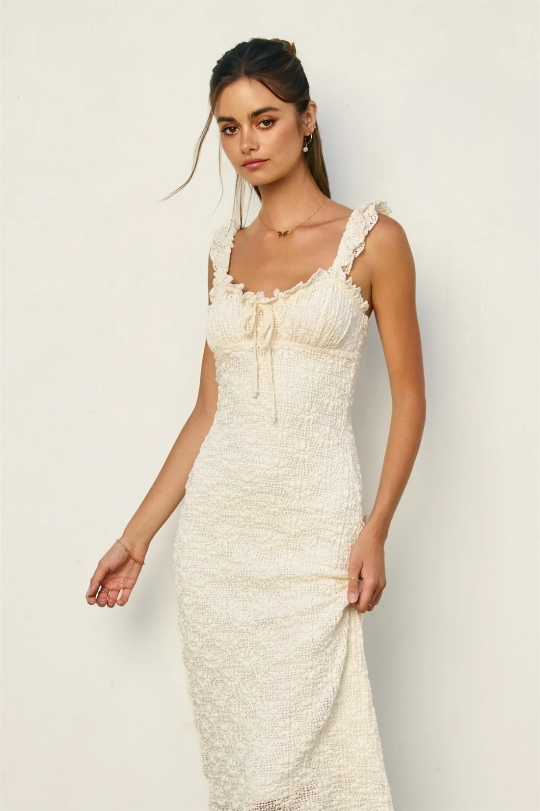 Cream Lace Ruffle Accent Sleeveless Midi Dress - Image 5