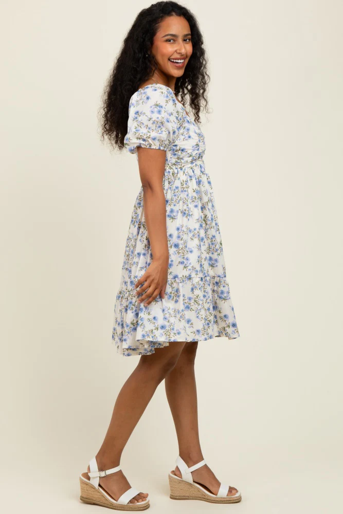 Cream/Lavender Ruched Bust Puff Sleeve Floral Cotton Mini Dress - Image 2