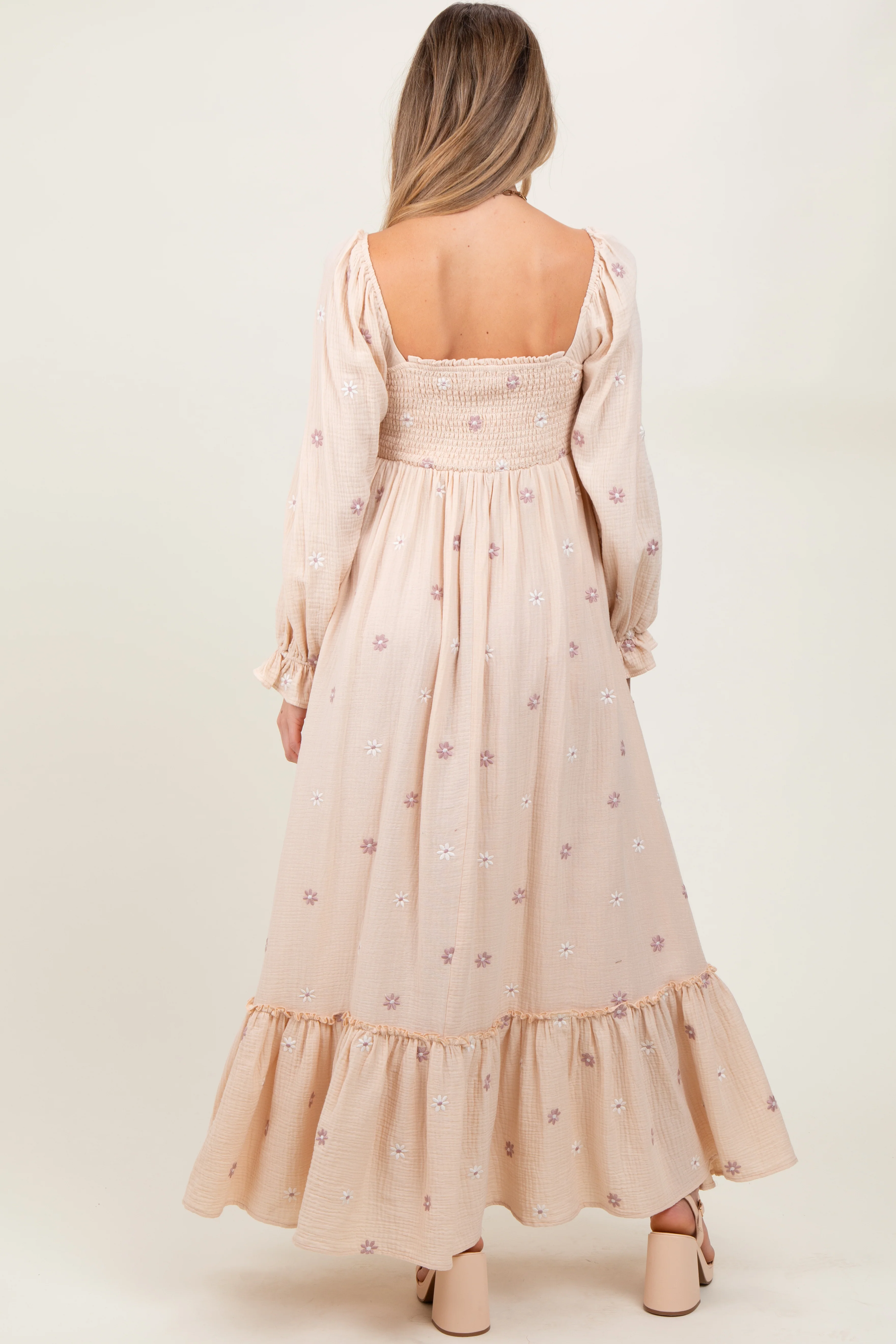 Cream Long Sleeve Floral Accent Maternity Dress - Image 4