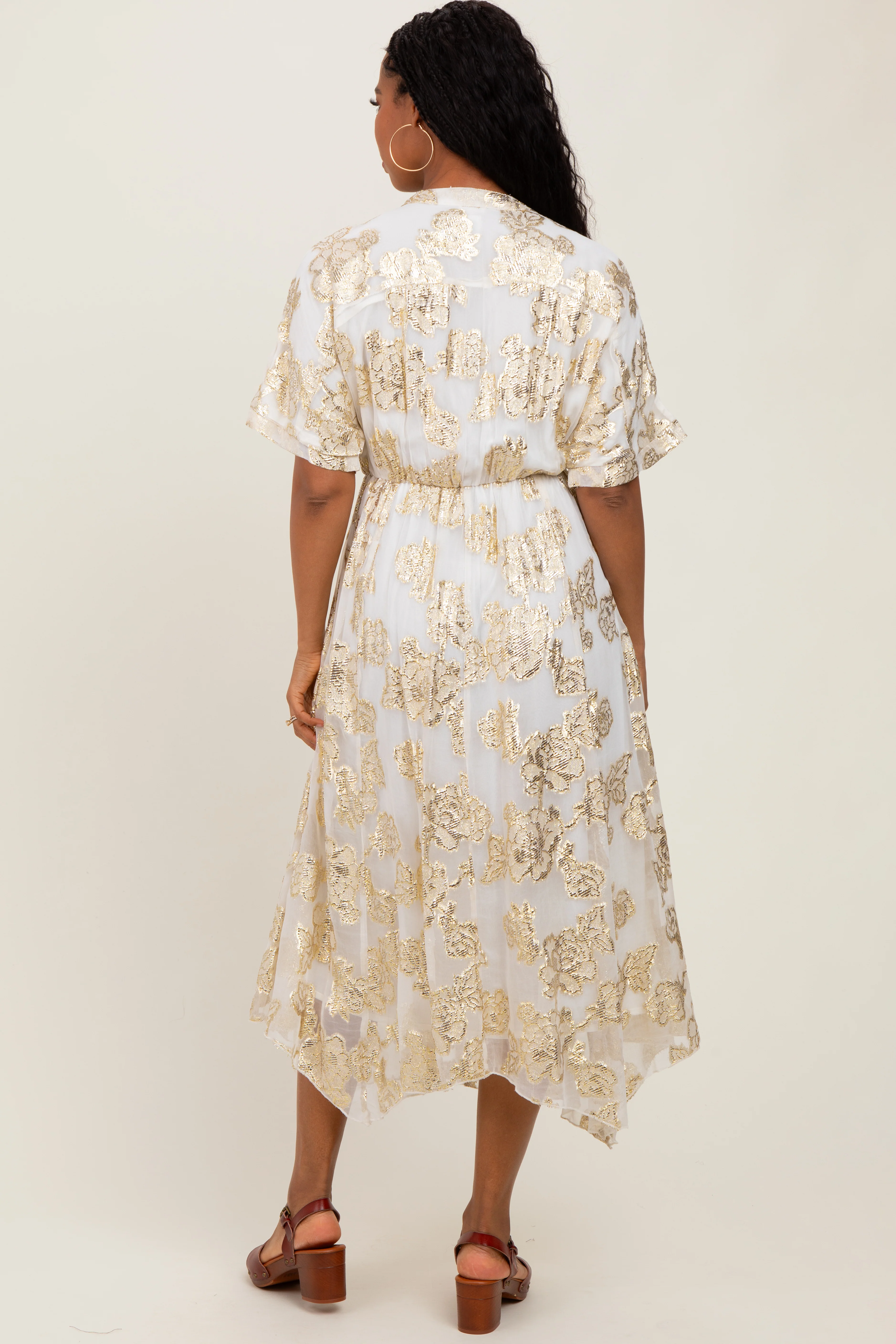 Cream Metallic Floral Jacquard Overlay Maxi Dress - Image 3