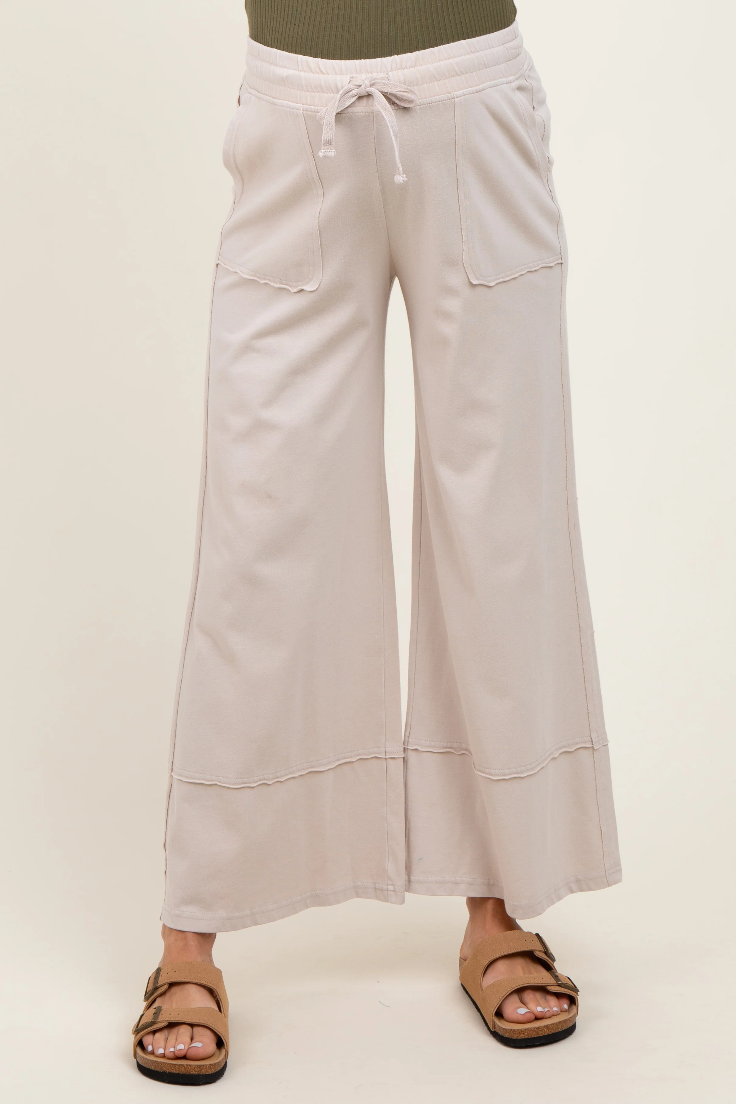 Cream Mineral Wash Wide Leg Ankle Maternity Pants - Image 3
