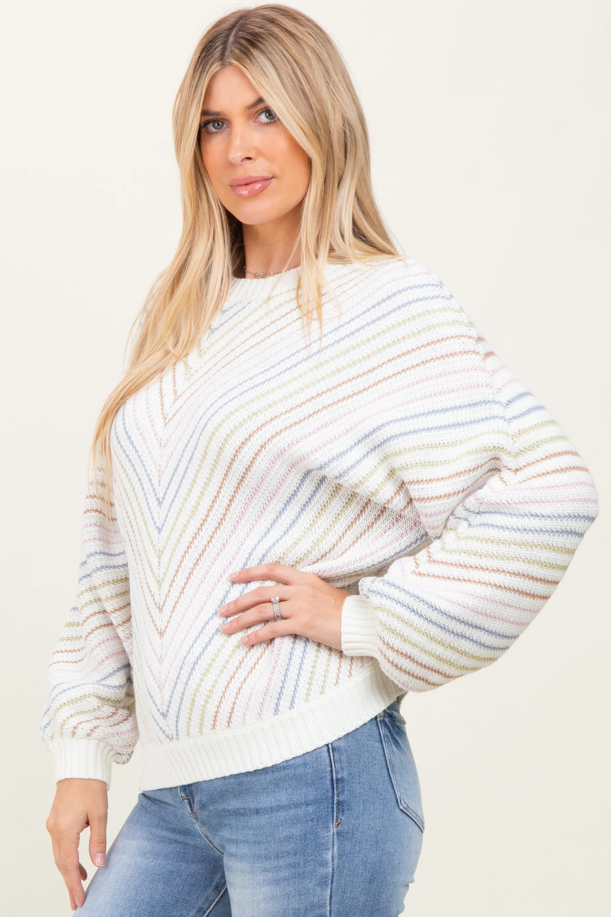 Cream Multi Crew Neck Striped Long Sleeve Sweater - Image 3