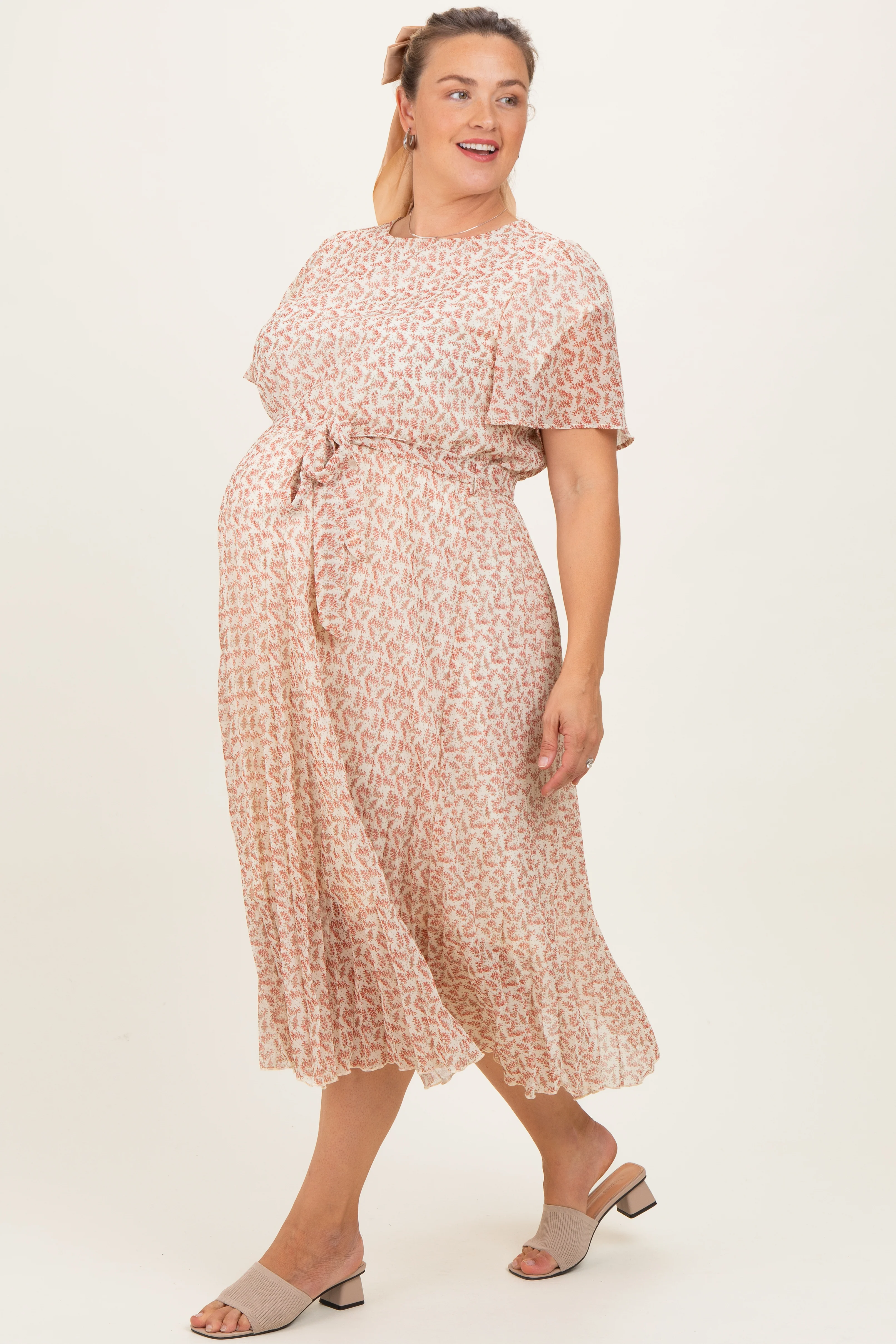 Cream Multi Printed Floral Waist Tie Plus Maternity Midi Dress