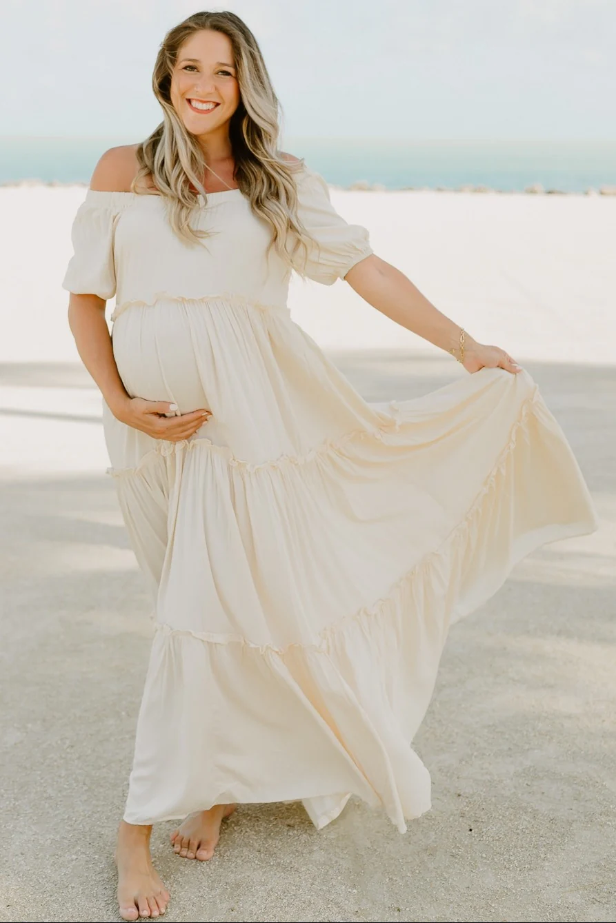 Cream Off Shoulder Ruffle Tiered Maternity Maxi Dress - Image 15