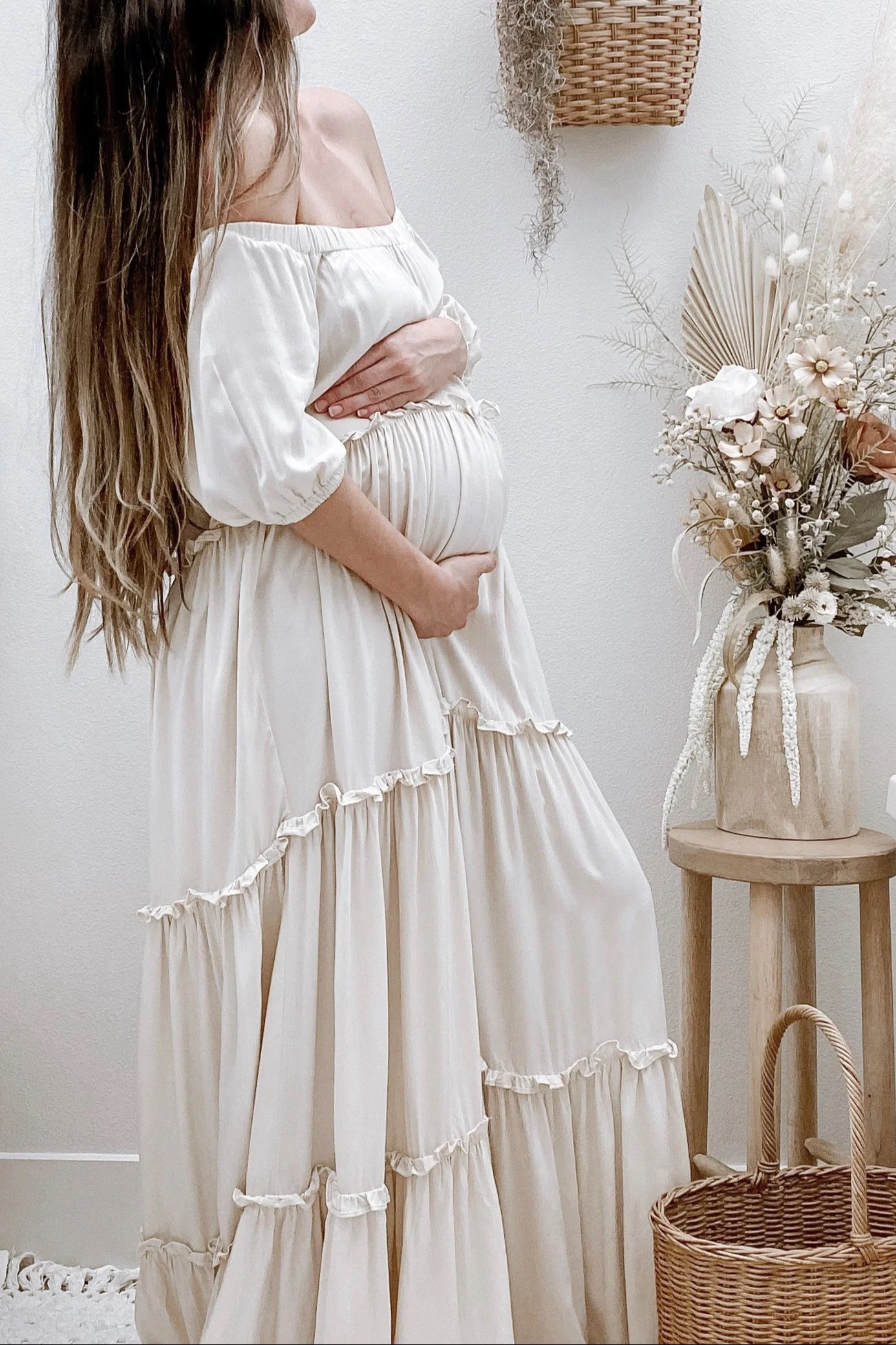 Cream Off Shoulder Ruffle Tiered Maternity Maxi Dress - Image 9