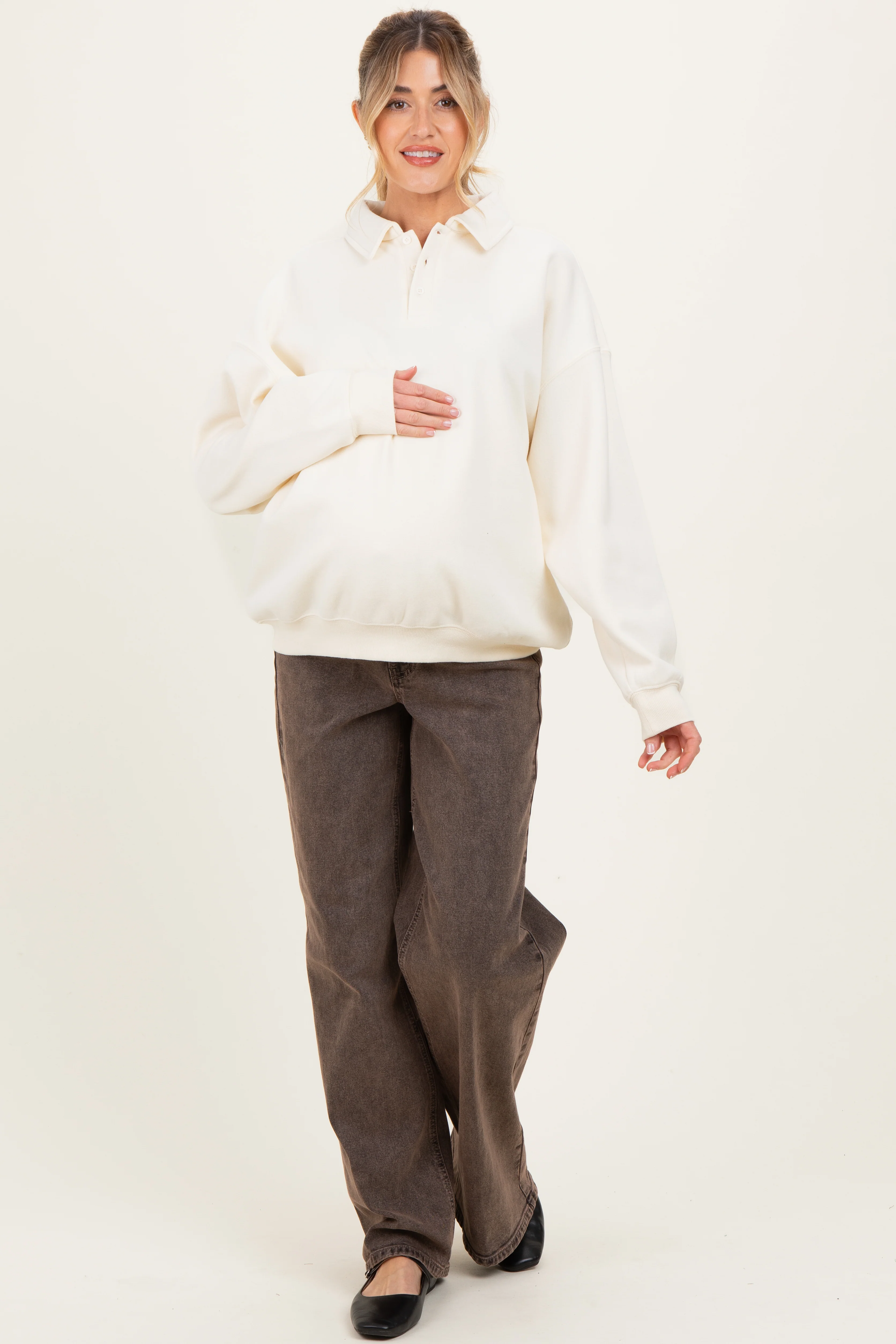 Cream Oversized Polo Maternity Pullover - Image 5