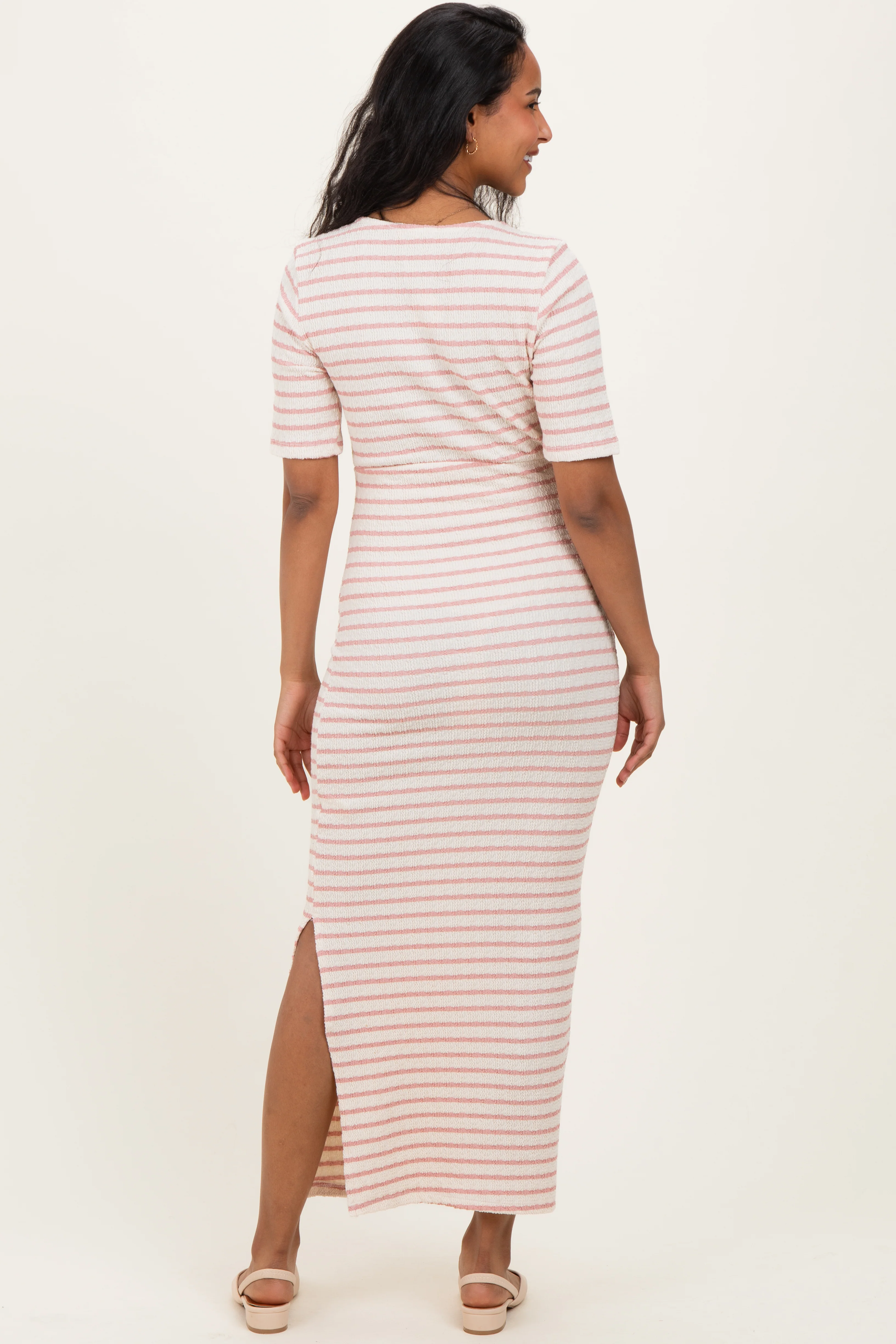 Cream/ Pink Striped Knit Short Sleeve Maternity Maxi Dress - Image 3