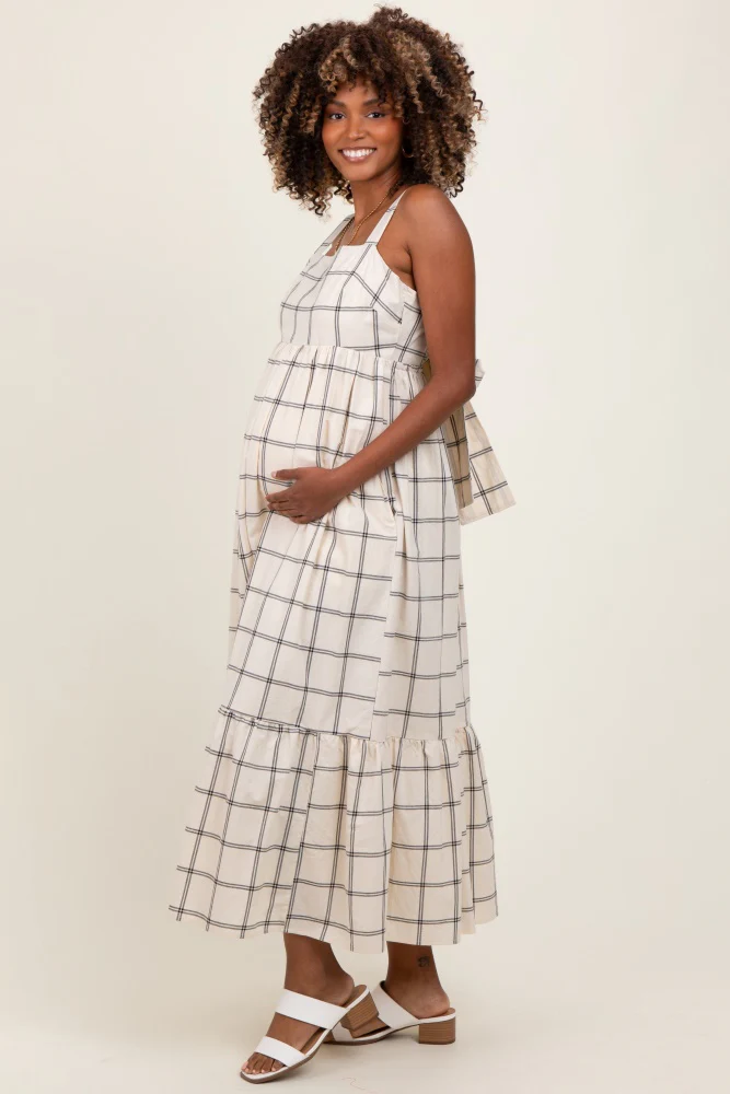 Cream Plaid Cutout Tie Back Maternity Maxi Dress - Image 3
