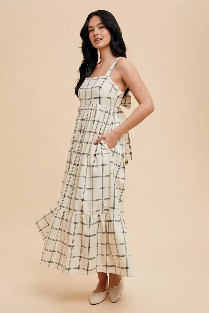 Cream Plaid Cutout Tie Back Maxi Dress - Image 3