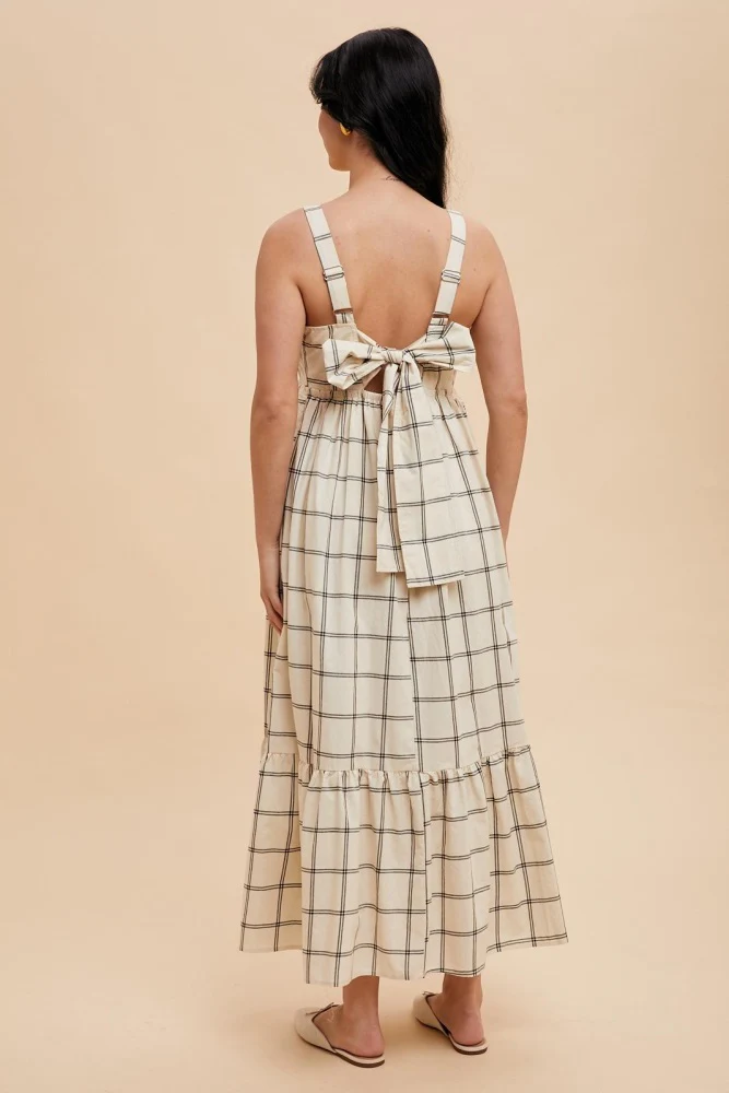 Cream Plaid Cutout Tie Back Maxi Dress - Image 4