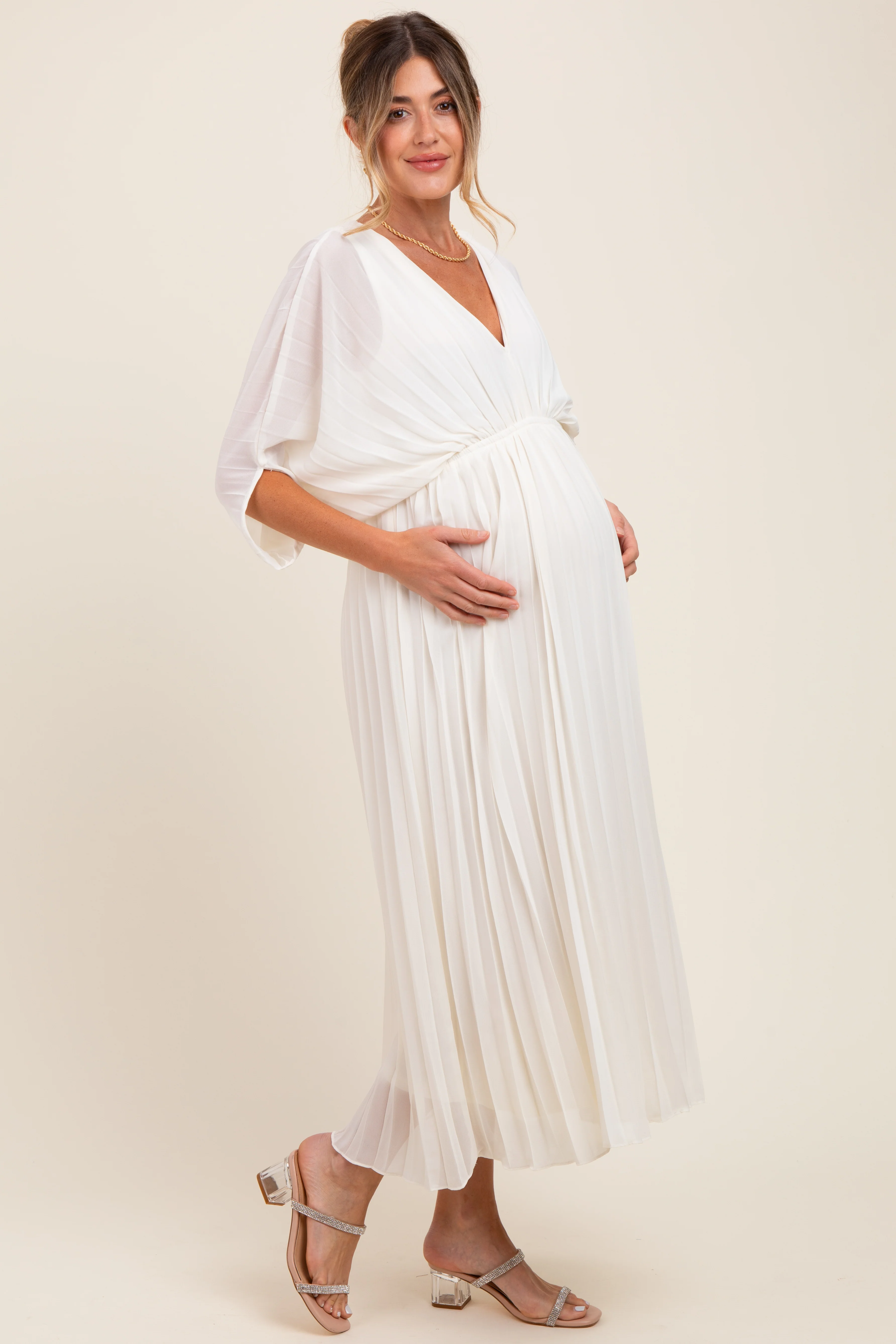 Cream Pleated V Neck Maternity Maxi Dress - Image 4