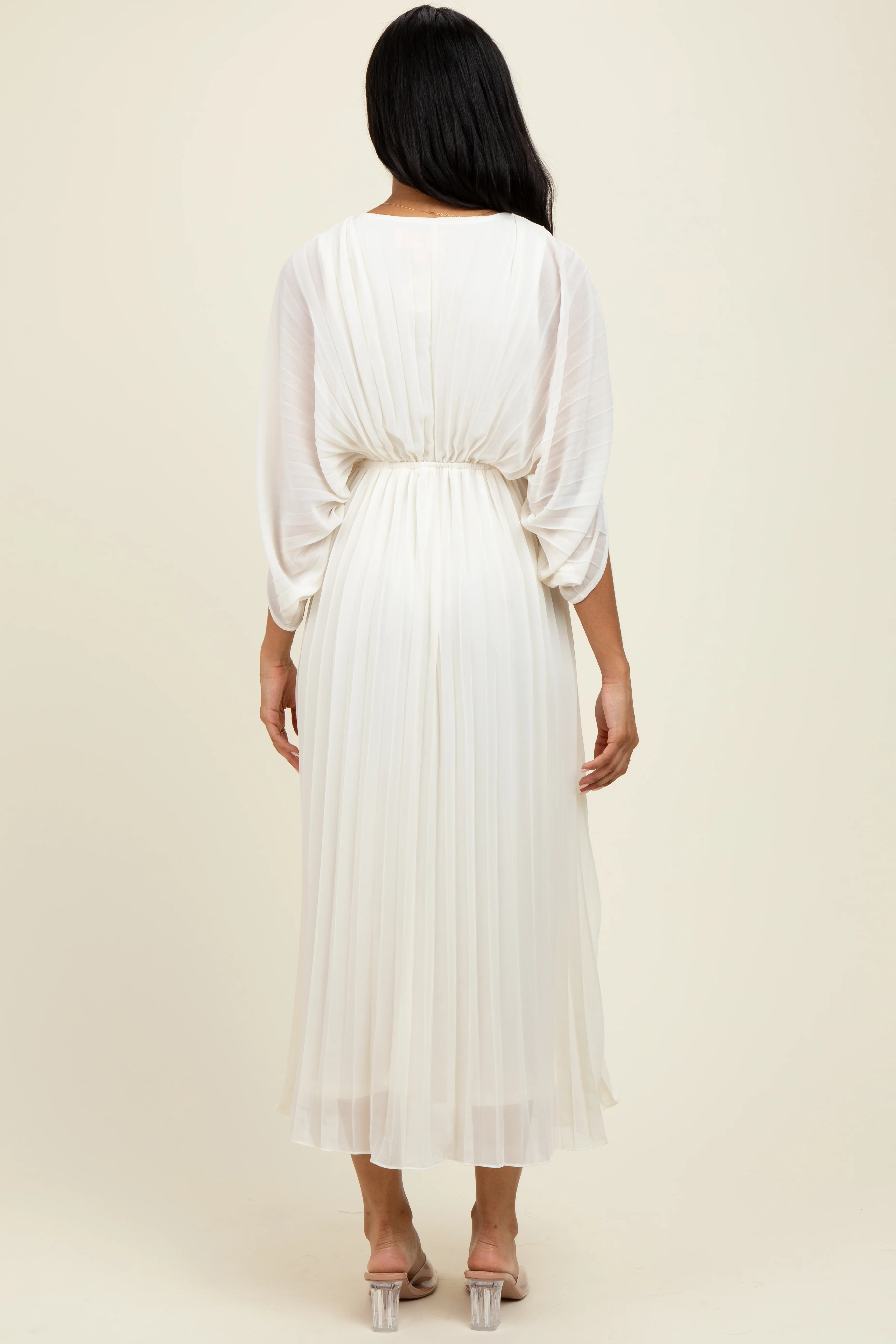 Cream Pleated V Neck Maxi Dress - Image 4