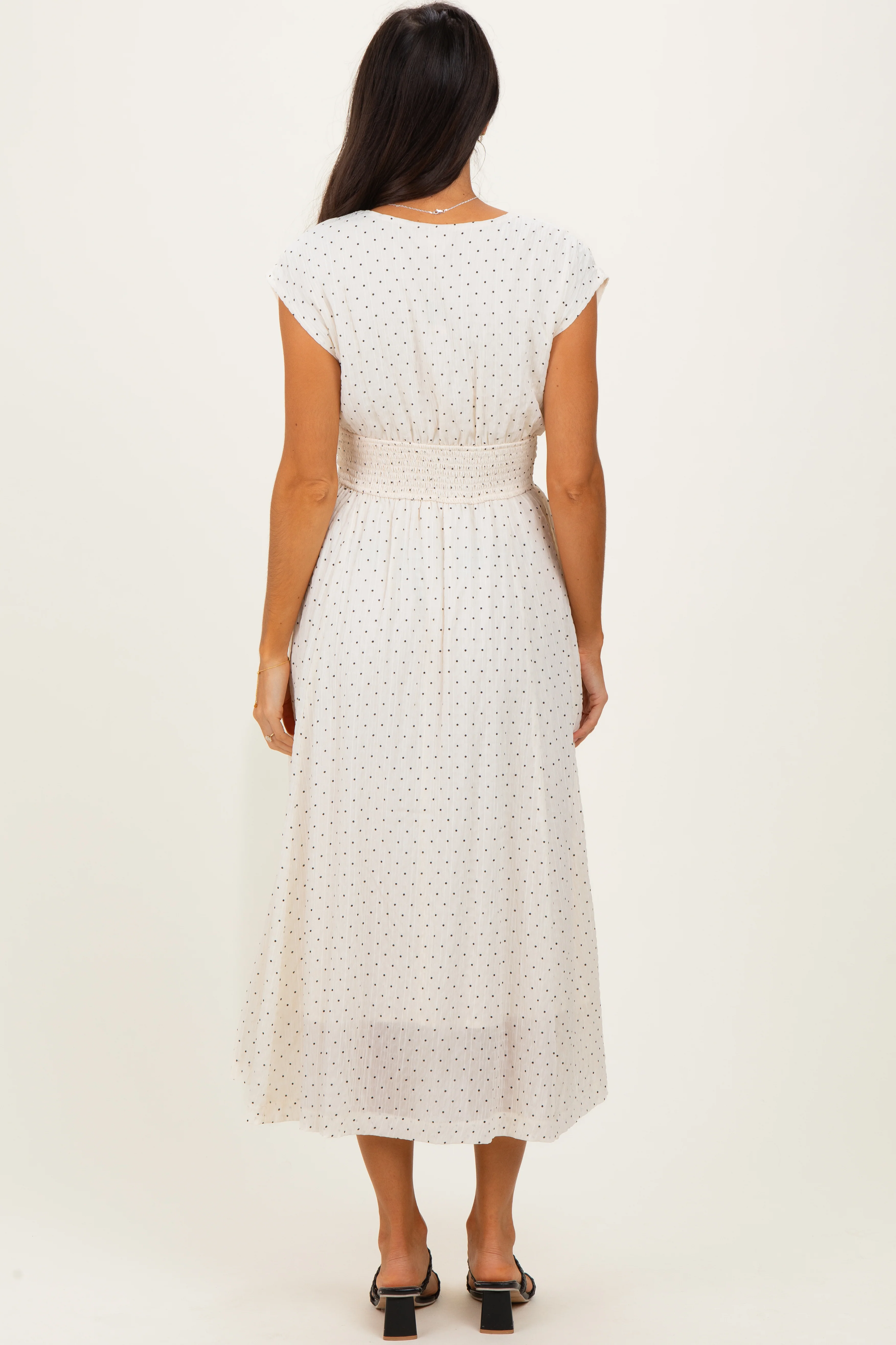 Cream Polka Dot Twisted Detail V Neck Maxi Dress - Image 3