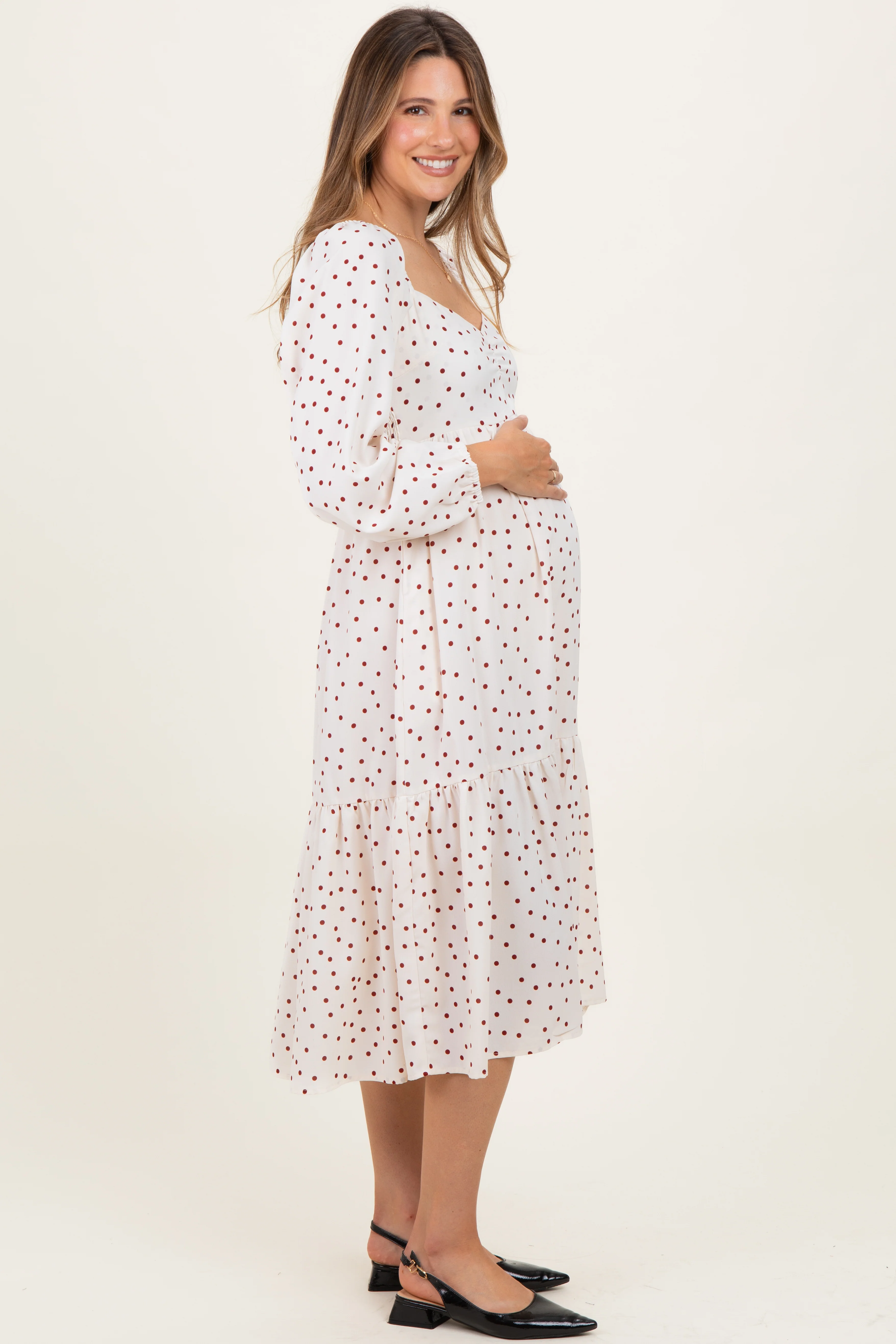 Cream Polka Dots Sweetheart Neck Maternity Midi Dress - Image 3