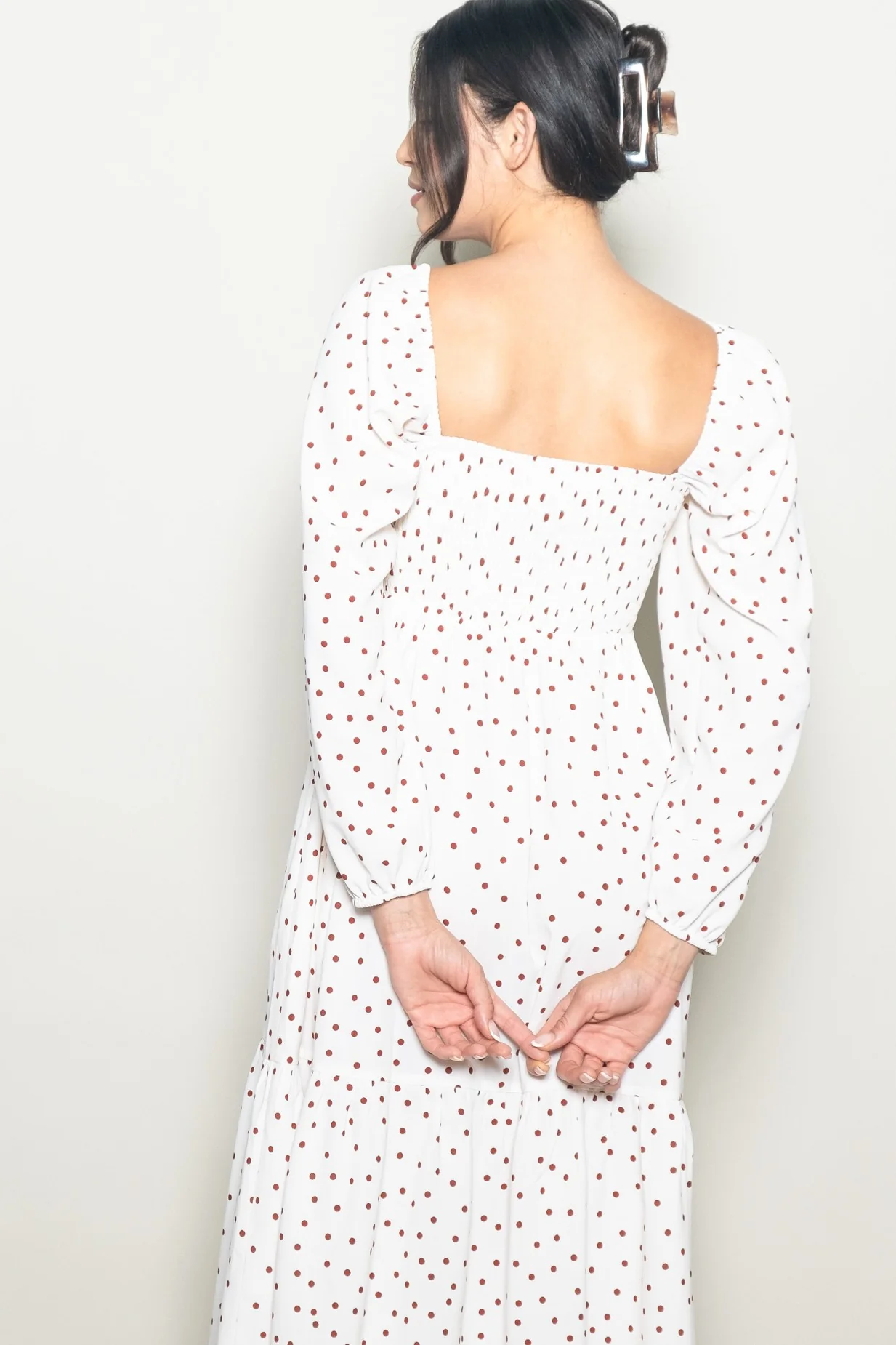 Cream Polka Dots Sweetheart Neck Midi Dress - Image 5