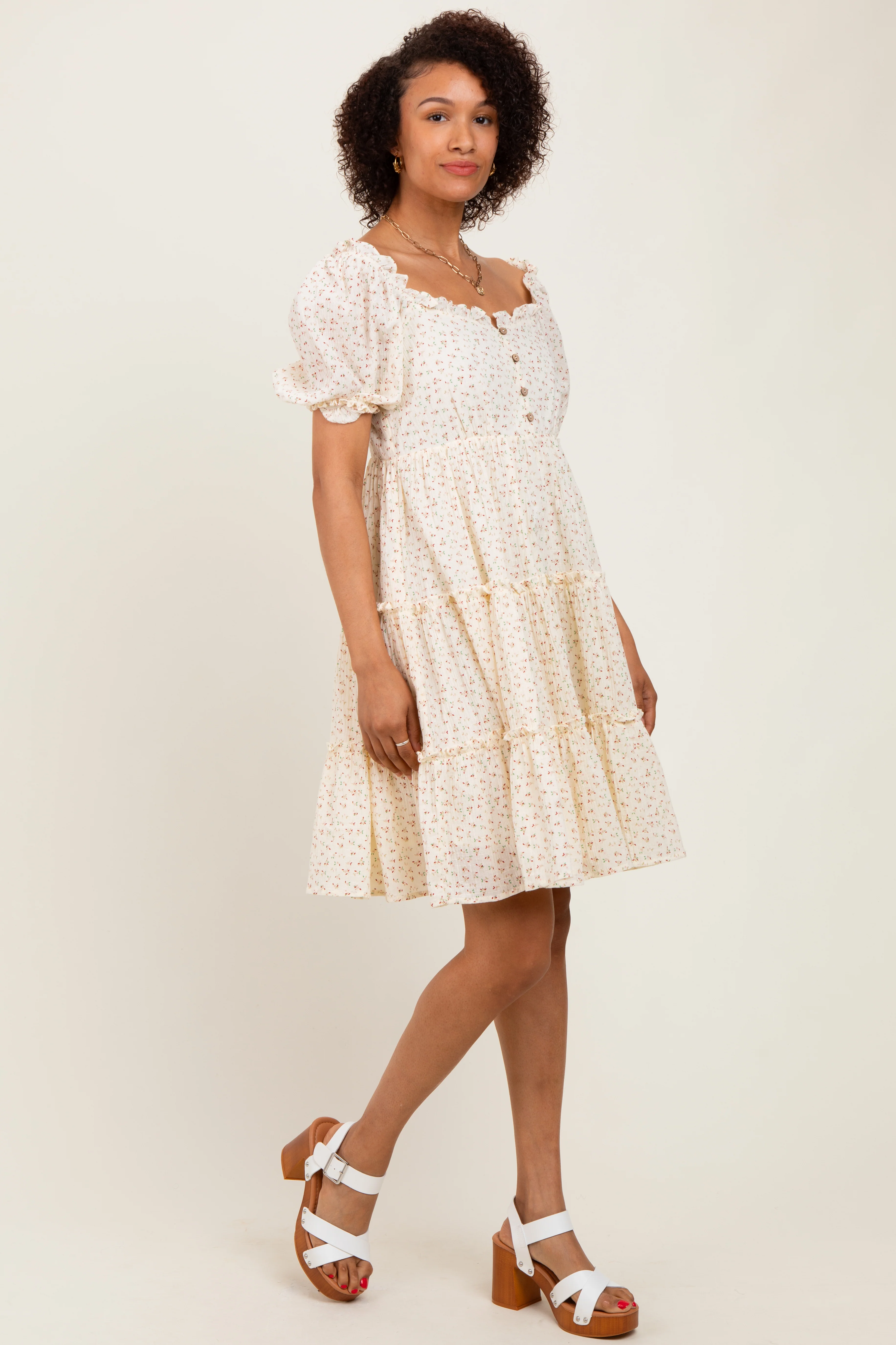 Cream Printed Button Up Ruffle Tiered Dress - Image 2