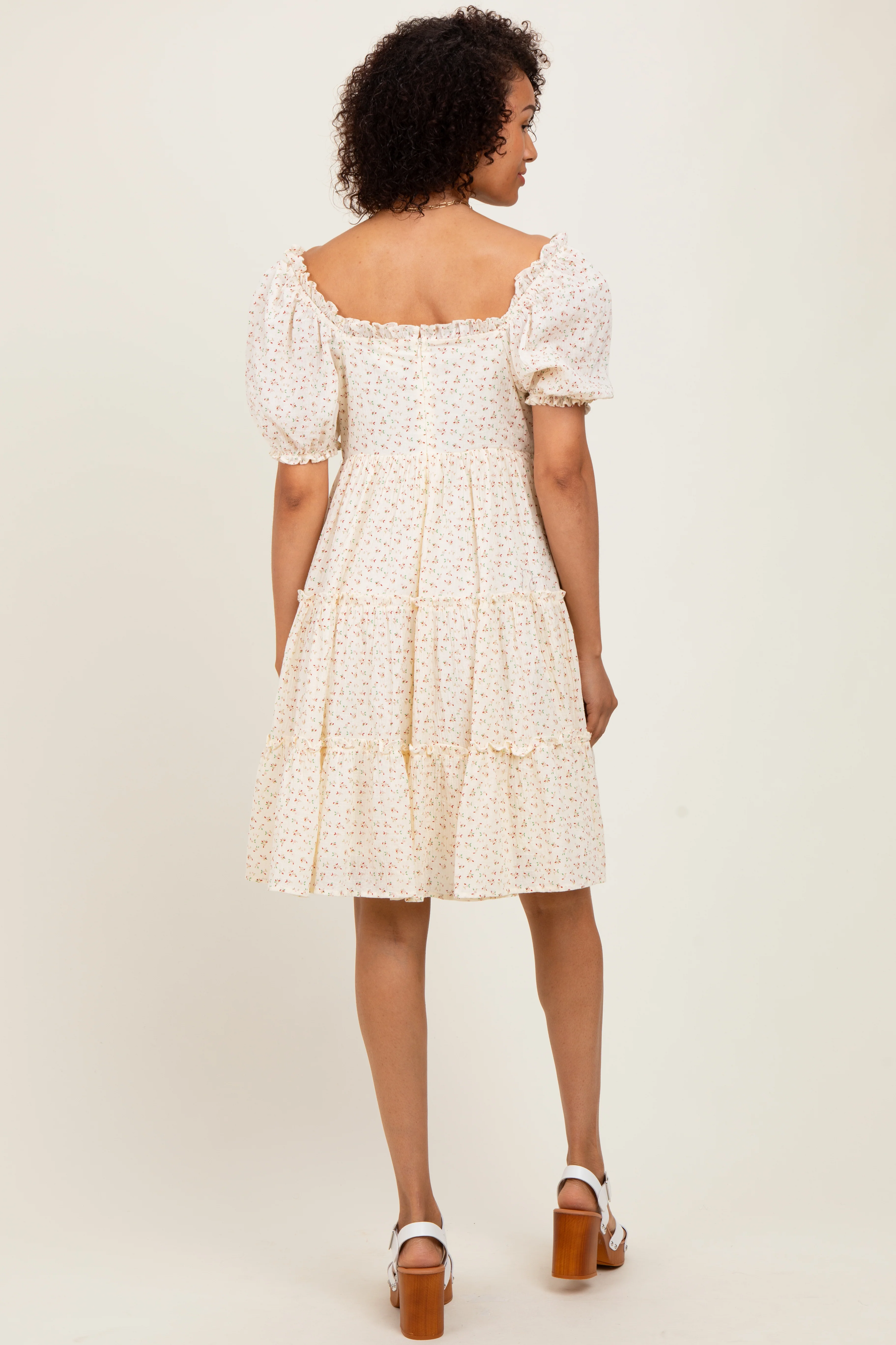 Cream Printed Button Up Ruffle Tiered Dress - Image 3
