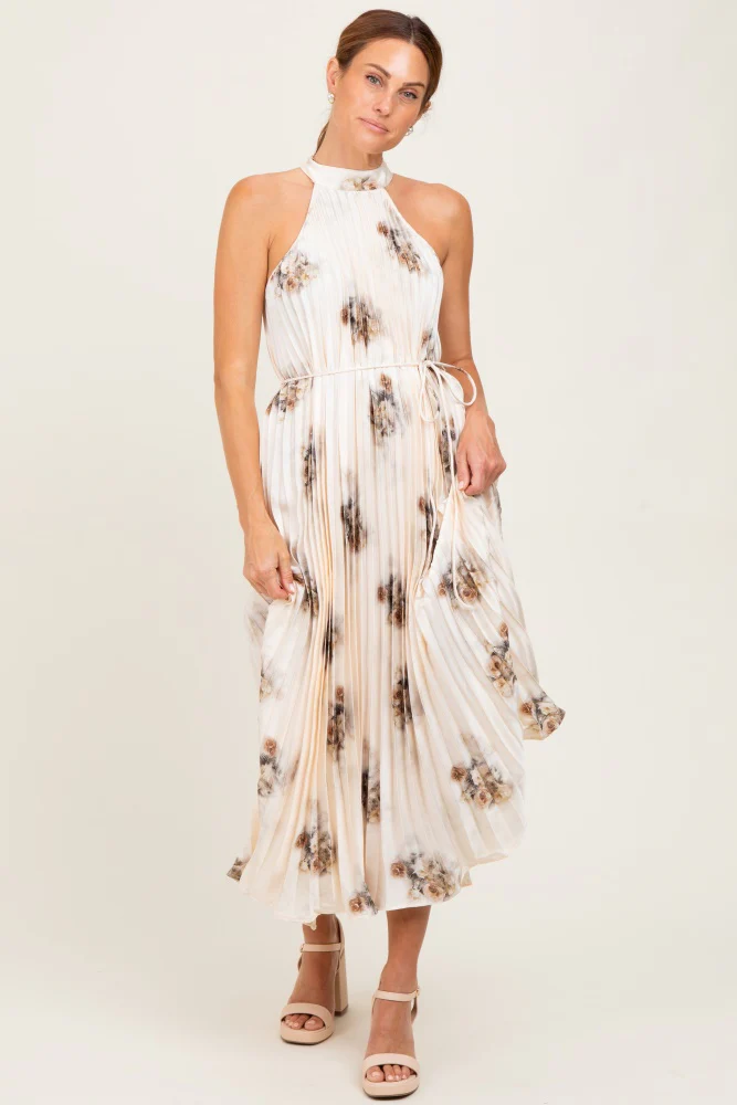Cream Printed Pleated Halter Dress - Image 2