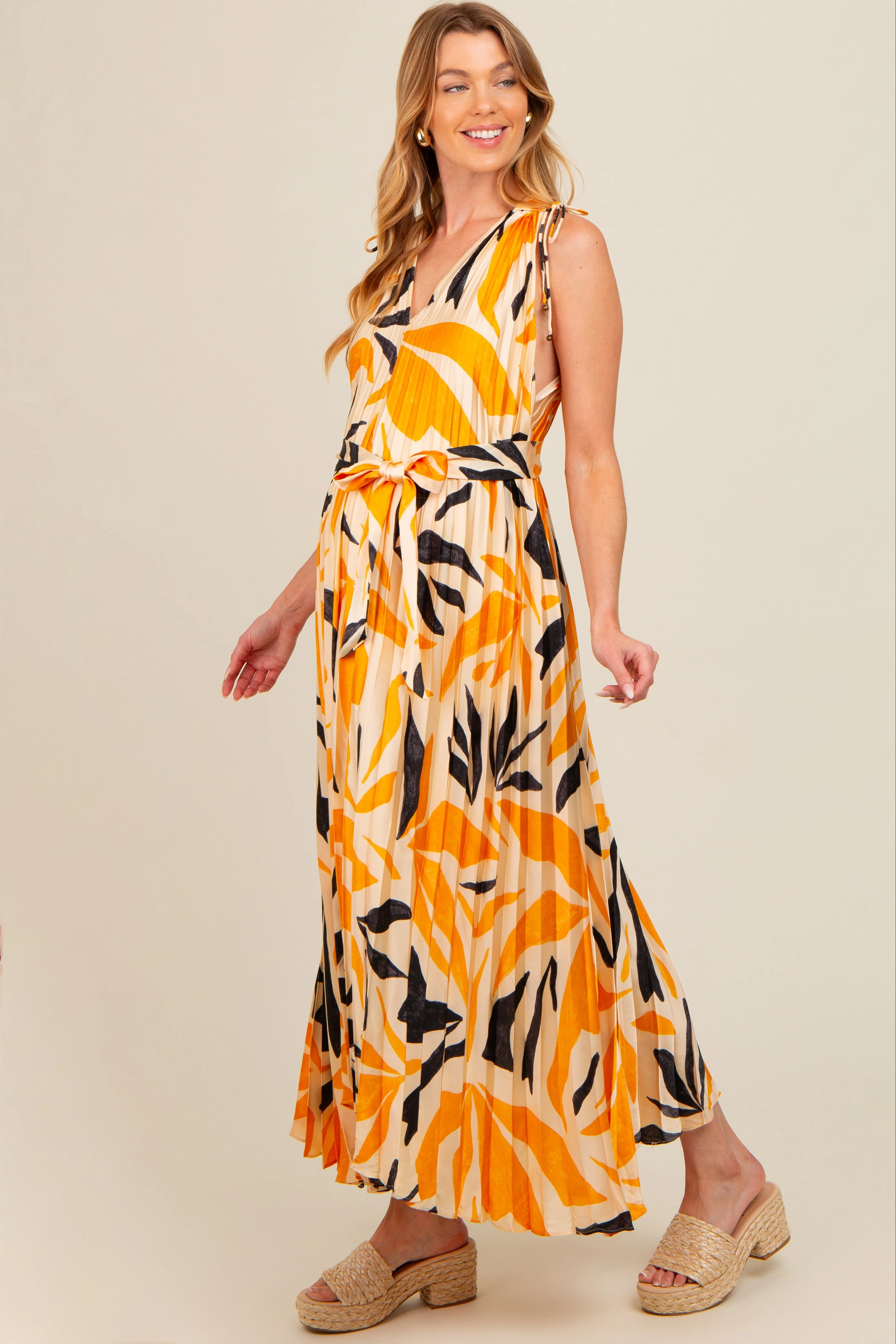 Cream Printed Pleated Maternity Maxi Dress - Image 3