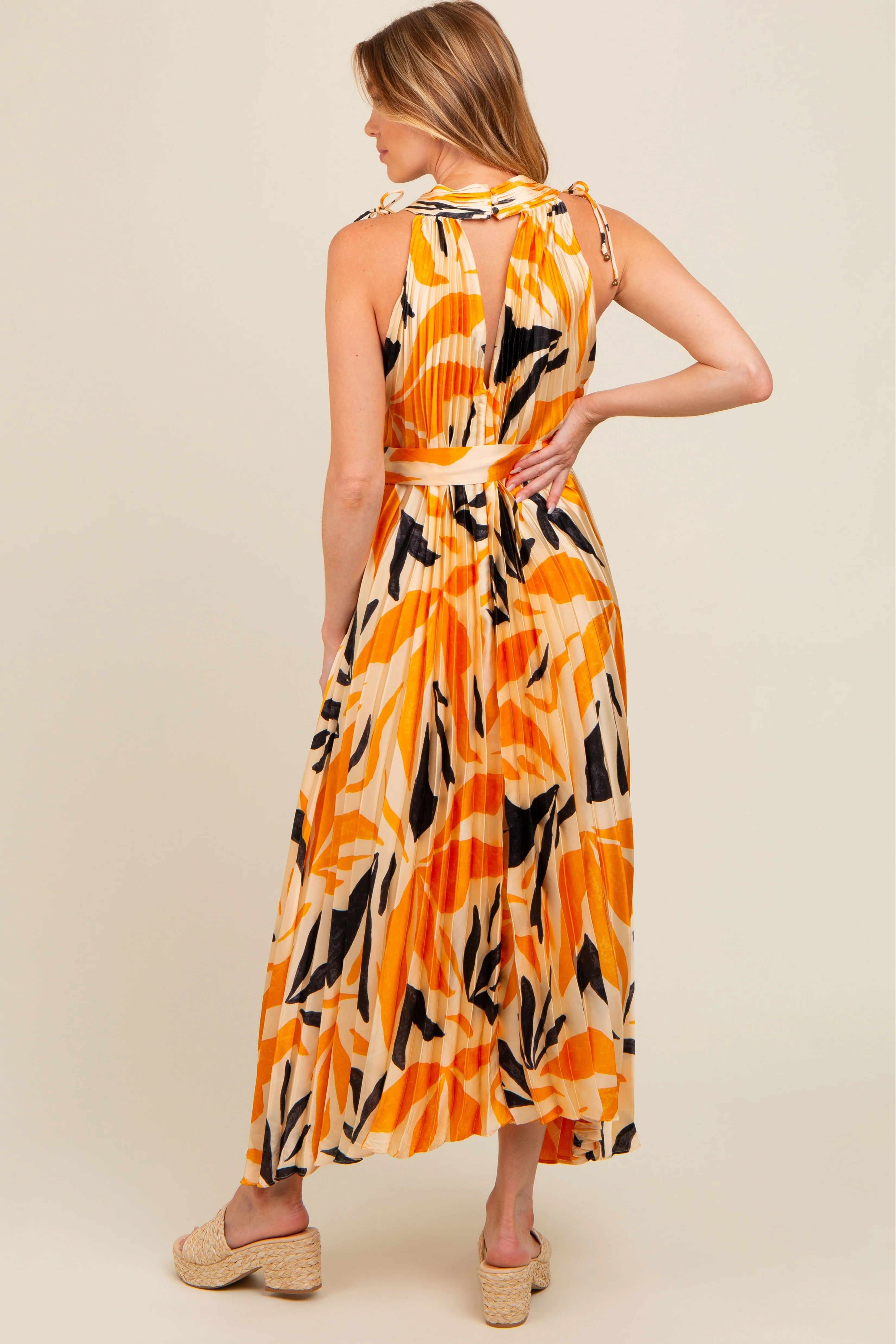 Cream Printed Pleated Maternity Maxi Dress - Image 4