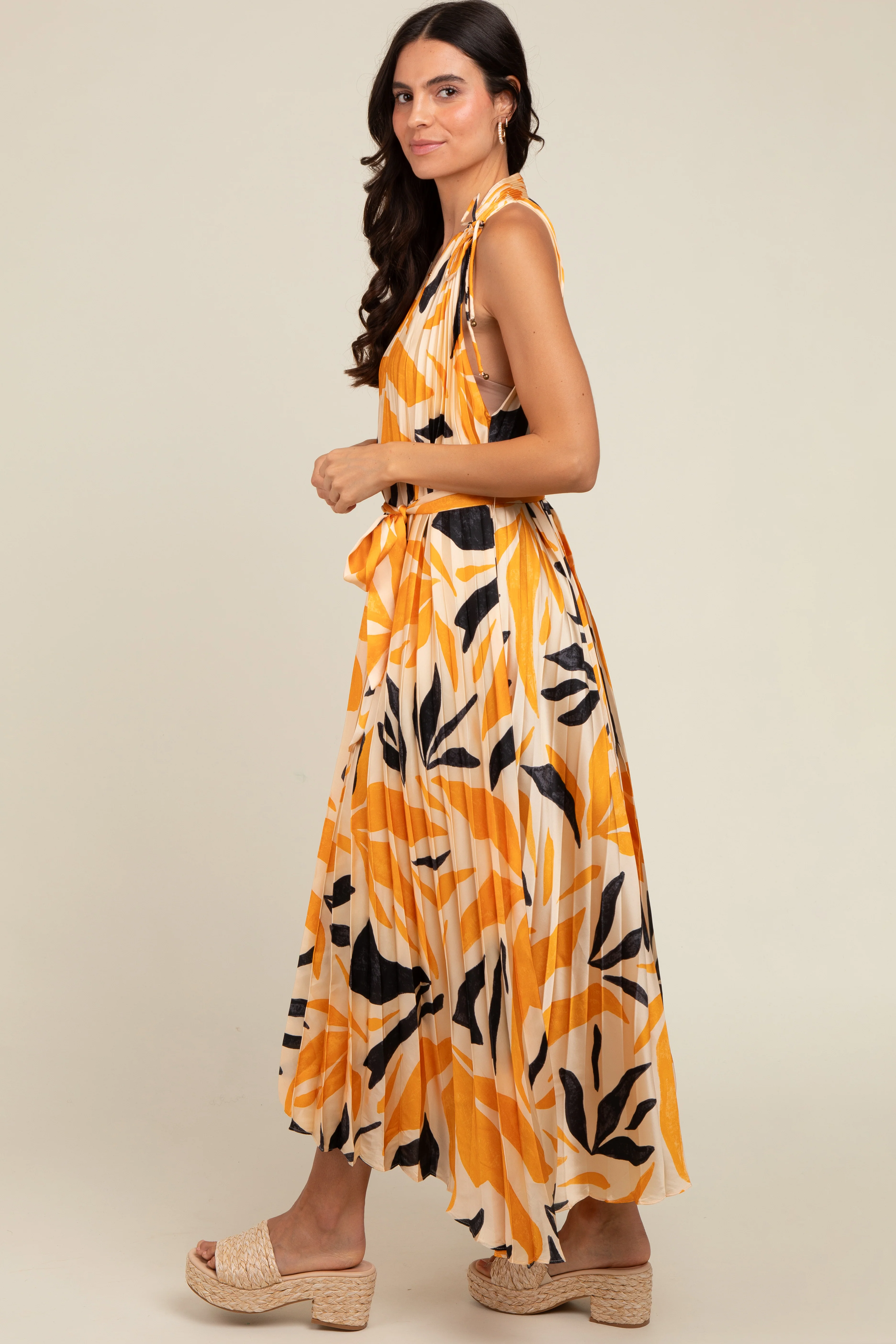Cream Printed Pleated Maternity Maxi Dress - Image 5