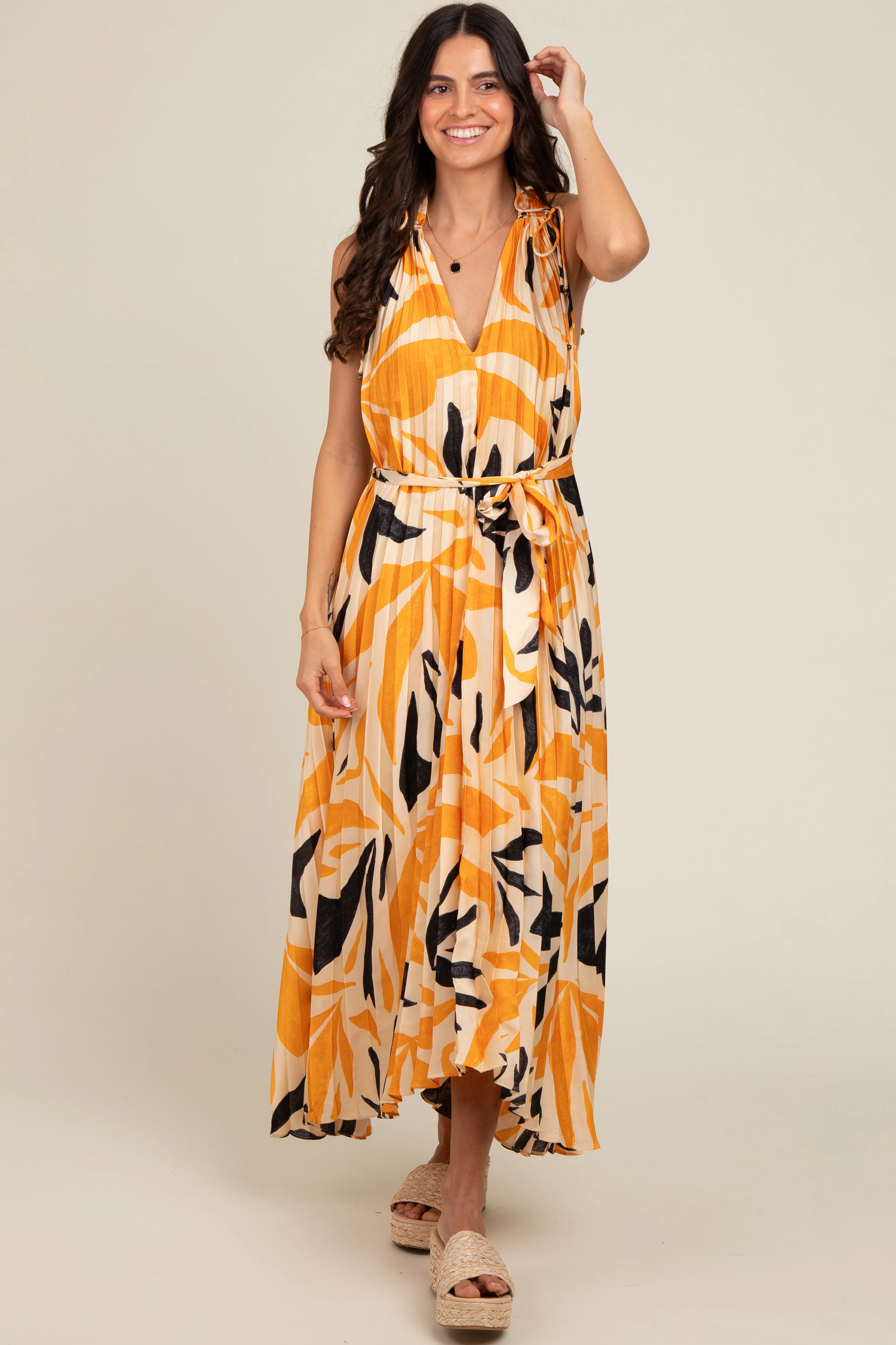 Cream Printed Pleated Maxi Dress - Image 3