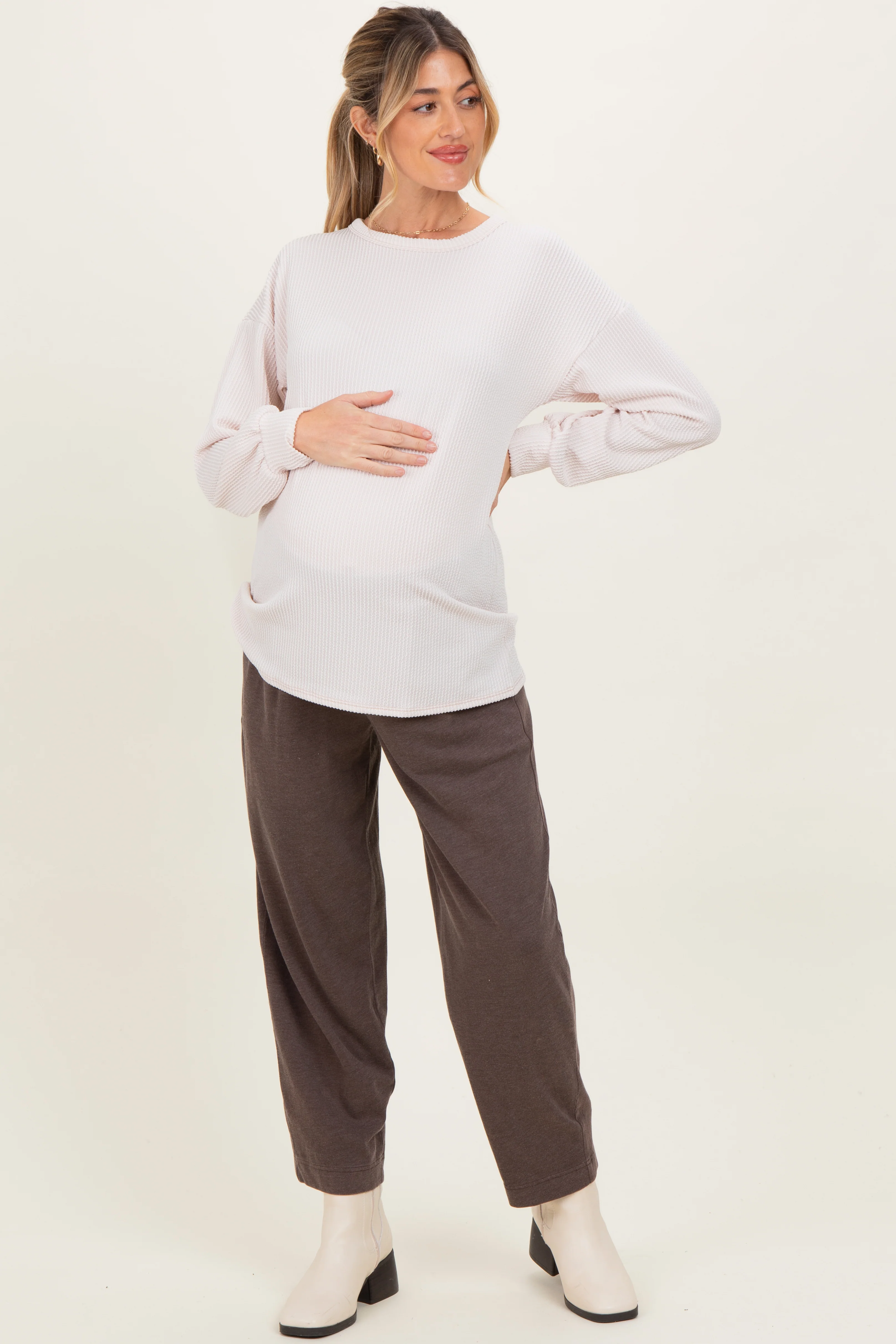 Cream Puff Sleeve Solid Ribbed Maternity Top - Image 3