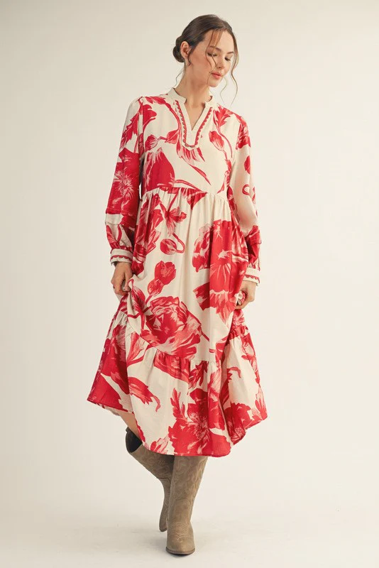Cream/Red Big Floral Print Maternity Midi Dress - Image 5