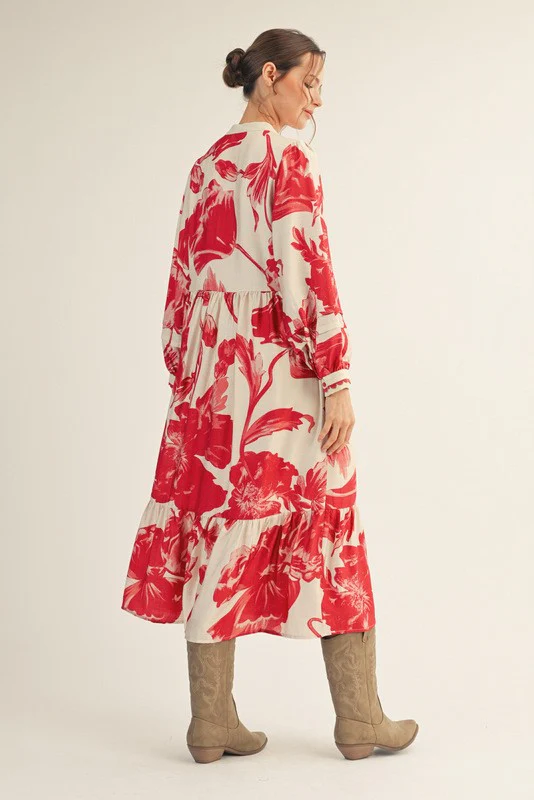 Cream/Red Big Floral Print Midi Dress - Image 3