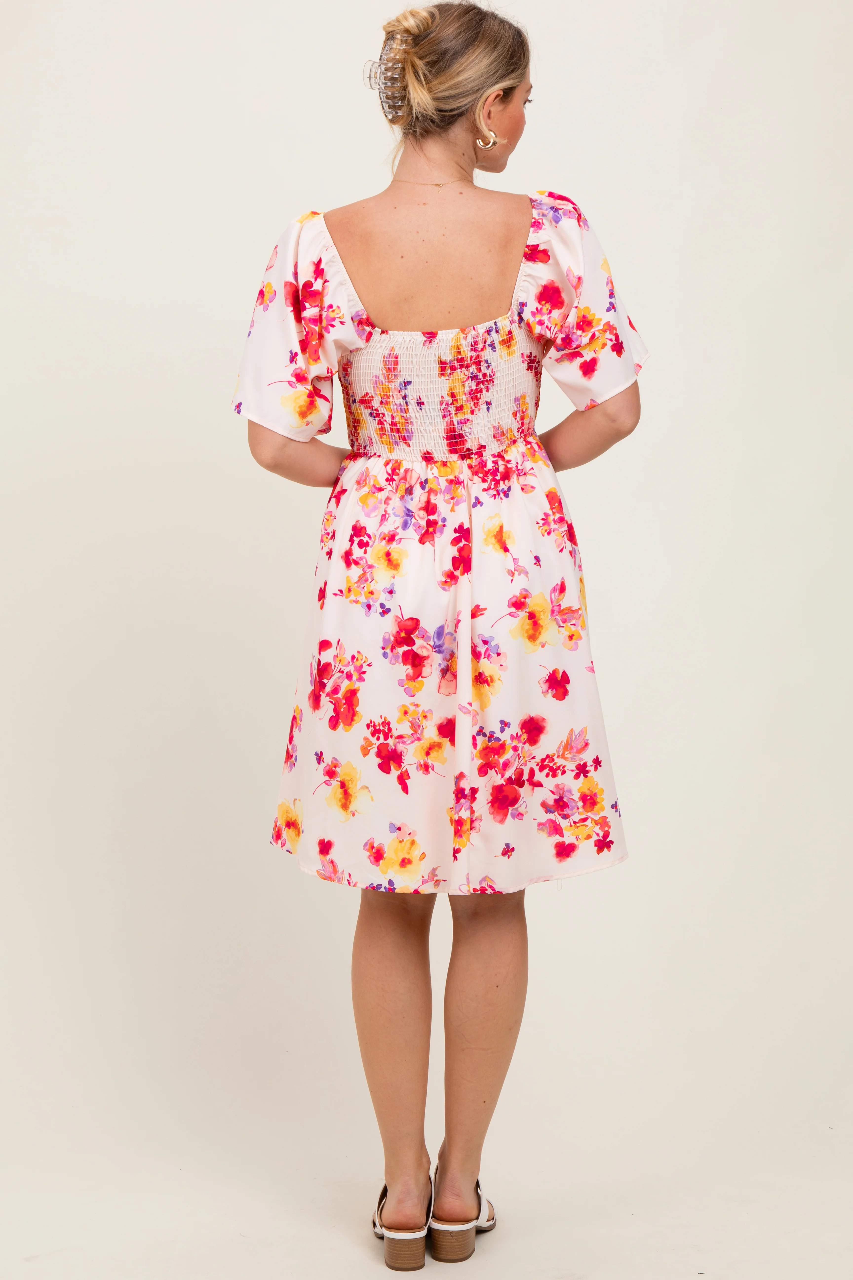 Cream/Red Floral Smocked Top Mini Dress - Image 4
