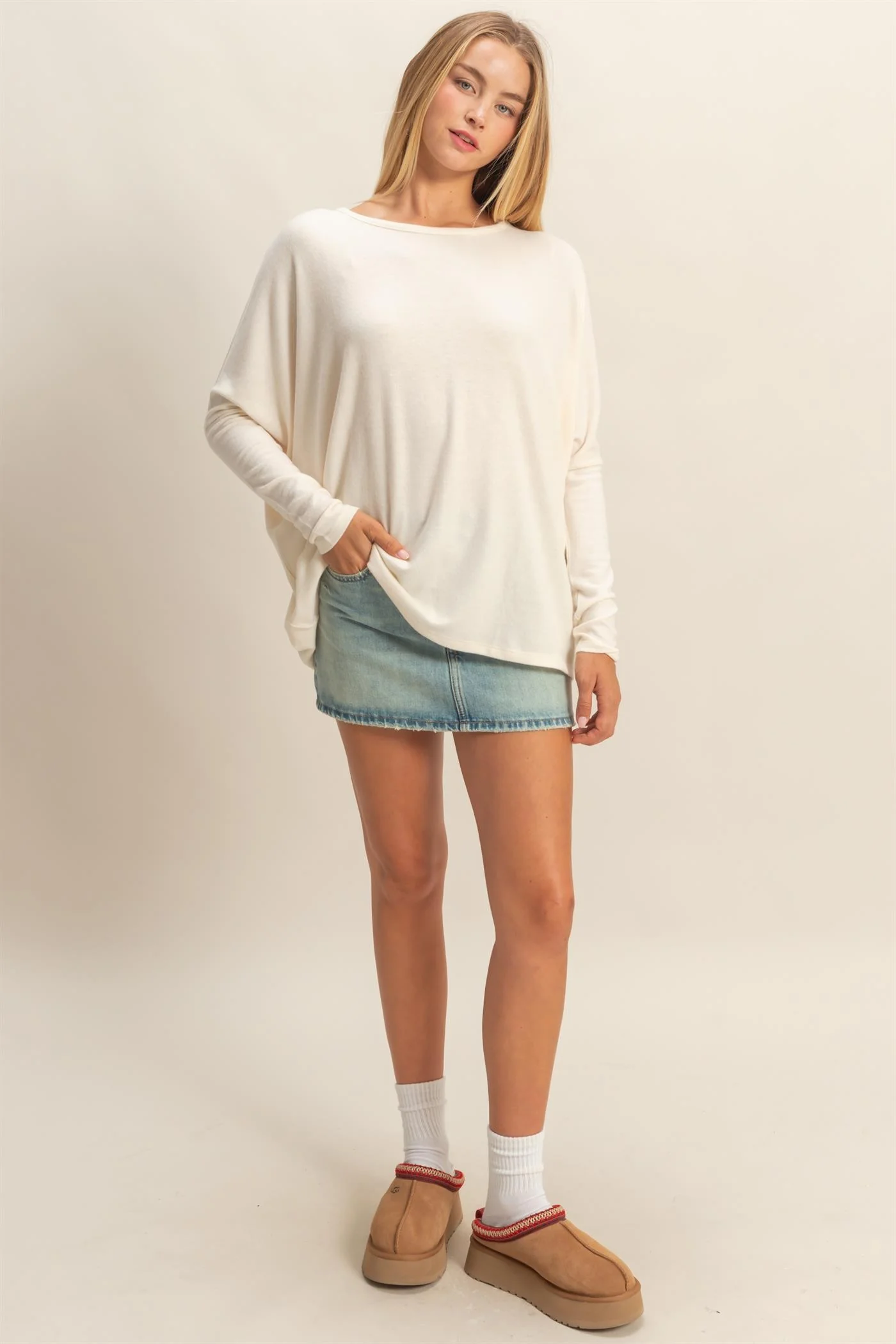 Cream Relaxed Fit Dolman Long Sleeve Top - Image 4