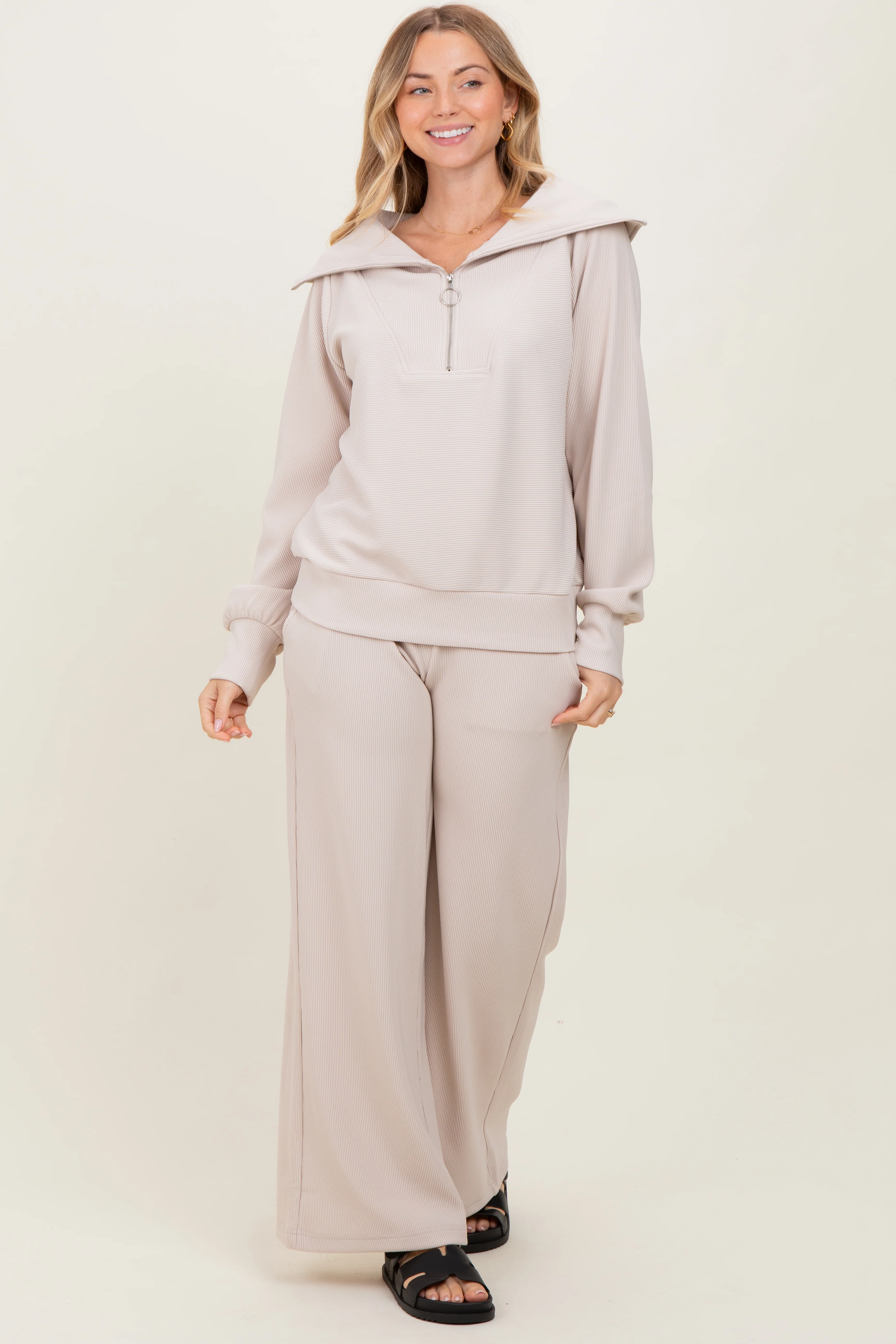 Cream RIbbed Half Zip Pullover Wide Leg Pant Set - Image 2