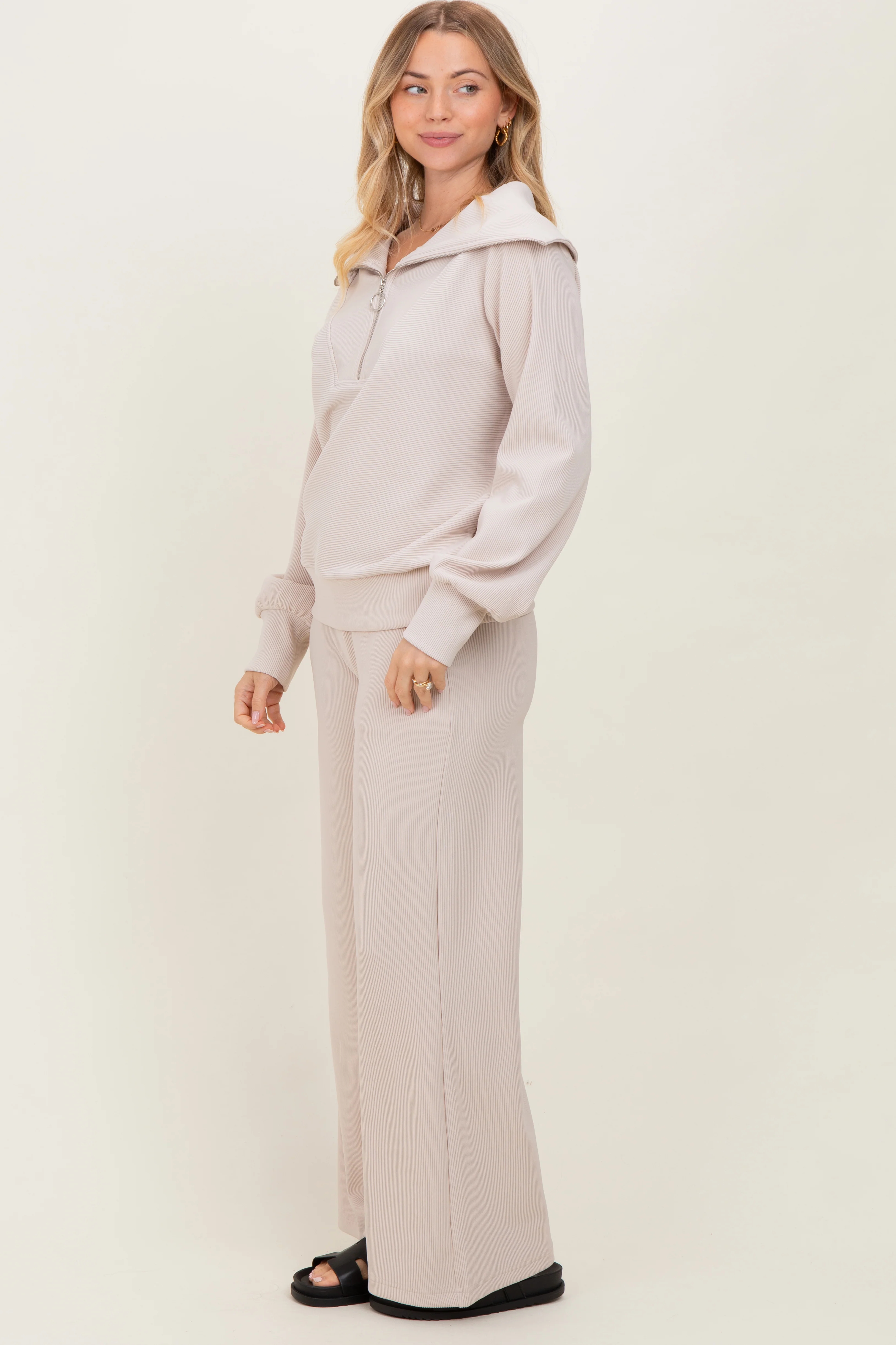 Cream RIbbed Half Zip Pullover Wide Leg Pant Set - Image 3